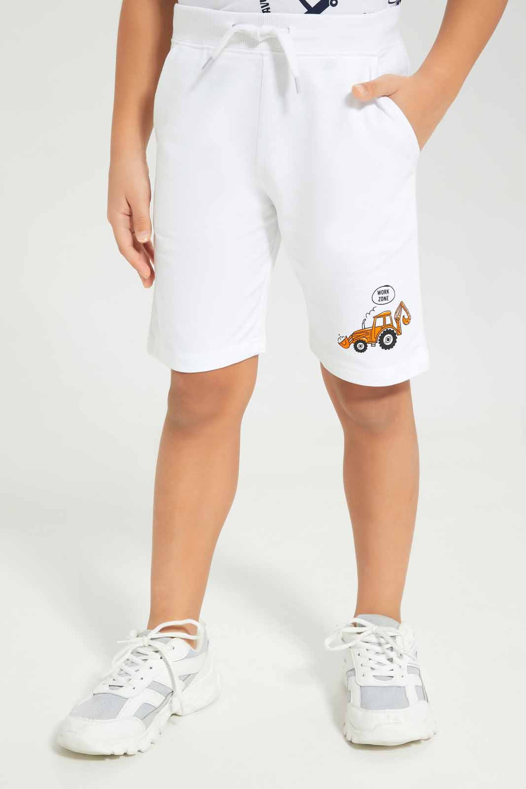 Redtag-Boys-White-Shorts-With-Print-BOY-Shorts,-Category:Shorts,-Colour:White,-Deals:New-In,-Dept:Boys,-Filter:Boys-(2-to-8-Yrs),-New-In-BOY-APL,-Non-Sale,-S23B,-Section:Boys-(0-to-14Yrs),-TBL-Boys-2 to 8 Years