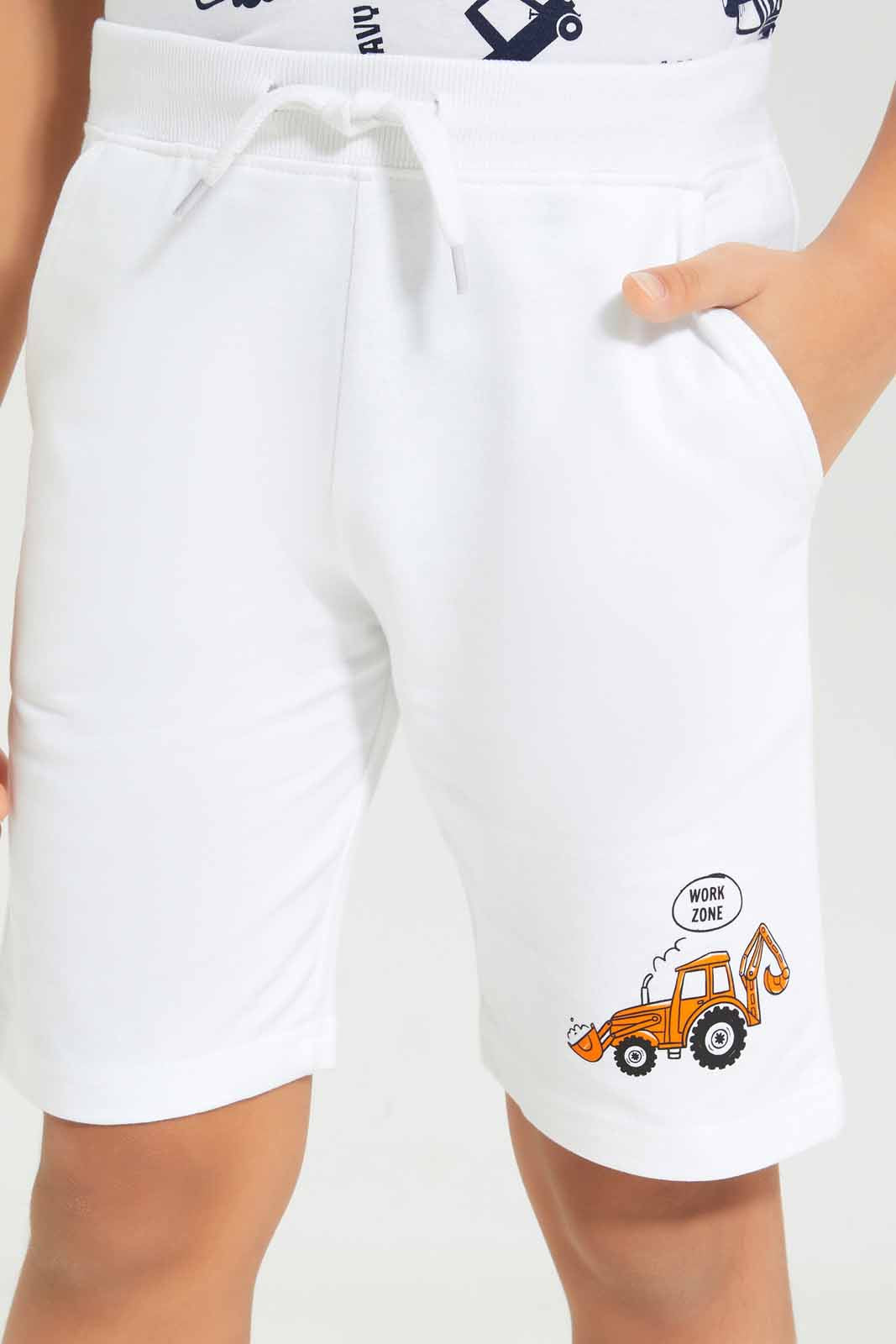 Redtag-Boys-White-Shorts-With-Print-BOY-Shorts,-Category:Shorts,-Colour:White,-Deals:New-In,-Dept:Boys,-Filter:Boys-(2-to-8-Yrs),-New-In-BOY-APL,-Non-Sale,-S23B,-Section:Boys-(0-to-14Yrs),-TBL-Boys-2 to 8 Years