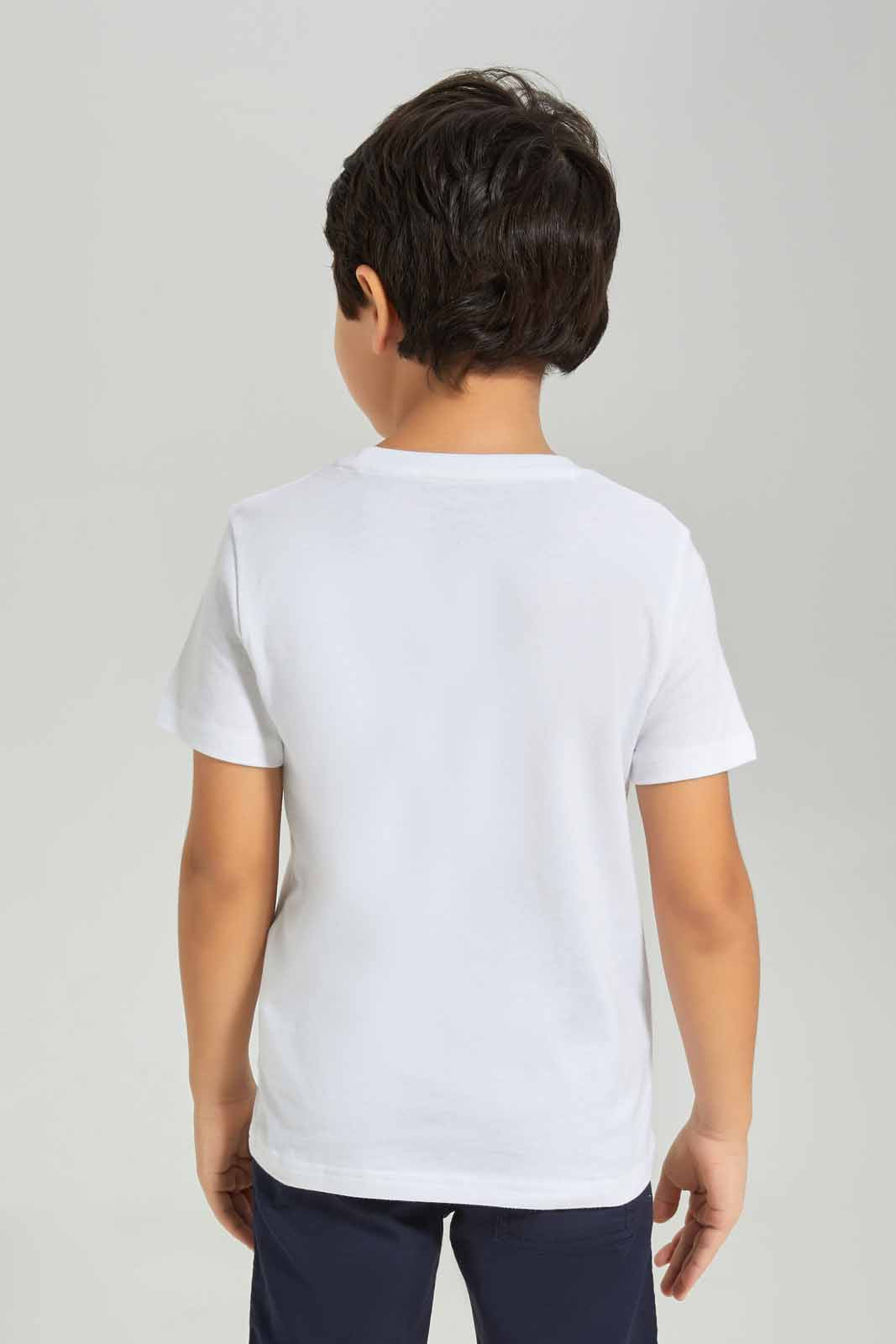 Redtag-Boys-White-Dino-Short-Sleeve-Graphic-T-Shirt-BOY-T-Shirts,-Category:T-Shirts,-Colour:White,-Deals:New-In,-Dept:Boys,-Filter:Boys-(2-to-8-Yrs),-New-In-BOY-APL,-Non-Sale,-S23A,-Section:Boys-(0-to-14Yrs),-TBL-Boys-2 to 8 Years