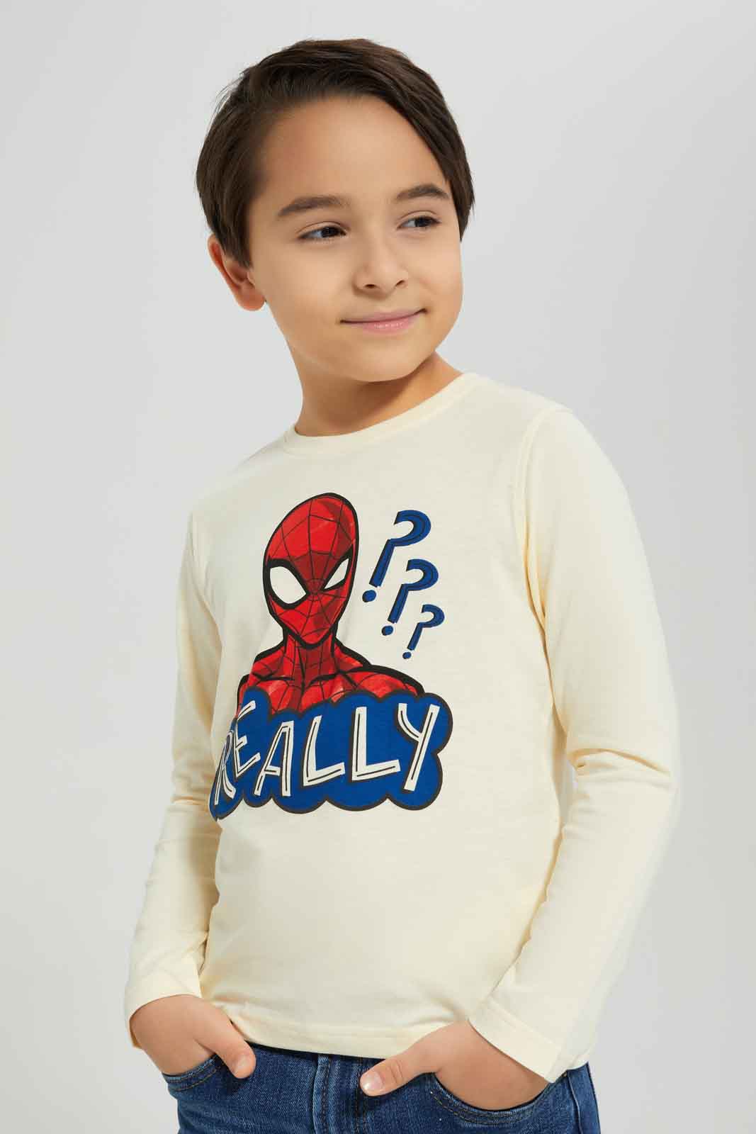 Redtag-Boys-Cream-Spiderman-Character-Long-Sleeve-T-Shirt-BOY-T-Shirts,-Category:T-Shirts,-CHA,-Colour:Cream,-Deals:New-In,-Dept:Boys,-Filter:Boys-(2-to-8-Yrs),-New-In-BOY-APL,-Non-Sale,-S23A,-Section:Boys-(0-to-14Yrs),-TBL-Boys-2 to 8 Years