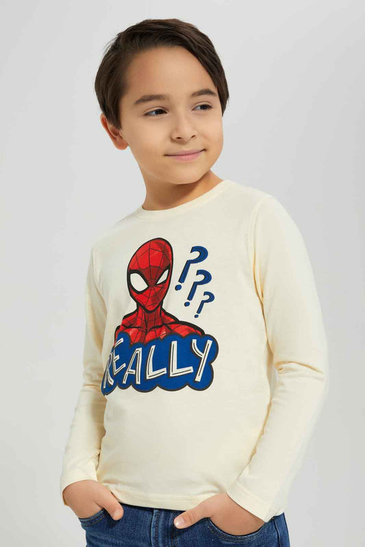 Redtag-Boys-Cream-Spiderman-Character-Long-Sleeve-T-Shirt-BOY-T-Shirts,-Category:T-Shirts,-CHA,-Colour:Cream,-Deals:New-In,-Dept:Boys,-Filter:Boys-(2-to-8-Yrs),-New-In-BOY-APL,-Non-Sale,-S23A,-Section:Boys-(0-to-14Yrs),-TBL-Boys-2 to 8 Years