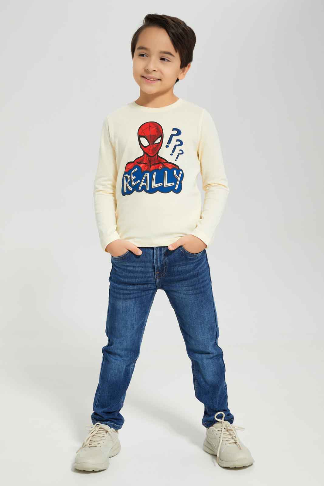 Redtag-Boys-Cream-Spiderman-Character-Long-Sleeve-T-Shirt-BOY-T-Shirts,-Category:T-Shirts,-CHA,-Colour:Cream,-Deals:New-In,-Dept:Boys,-Filter:Boys-(2-to-8-Yrs),-New-In-BOY-APL,-Non-Sale,-S23A,-Section:Boys-(0-to-14Yrs),-TBL-Boys-2 to 8 Years