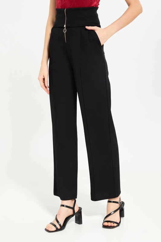 Redtag-Women-Black-Flared-Trouser-With-Zipper-Front-Category:Trousers,-Colour:Black,-Deals:New-In,-Dept:Ladieswear,-Filter:Women's-Clothing,-LEC,-LEC-Trousers,-New-In-LEC-APL,-Non-Sale,-S23A,-Section:Women-Women's-
