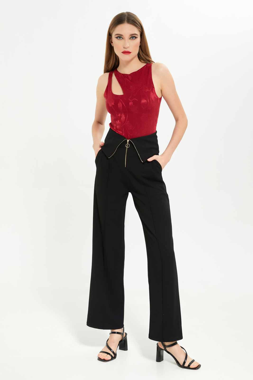 Redtag-Women-Black-Flared-Trouser-With-Zipper-Front-Category:Trousers,-Colour:Black,-Deals:New-In,-Dept:Ladieswear,-Filter:Women's-Clothing,-LEC,-LEC-Trousers,-New-In-LEC-APL,-Non-Sale,-S23A,-Section:Women-Women's-