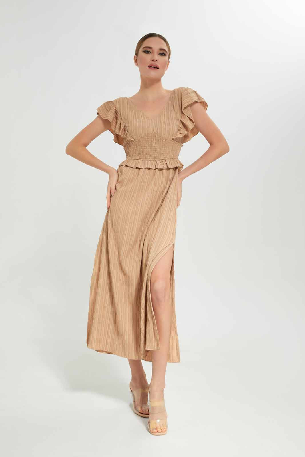 Redtag-Women-Assorted-Ruffled-Sleeve-Smocking-Dress-Category:Dresses,-Colour:Beige,-Deals:New-In,-Dept:Ladieswear,-Filter:Women's-Clothing,-LEC,-LEC-Dresses,-New-In-LEC-APL,-Non-Sale,-S23A,-Section:Women-Women's-