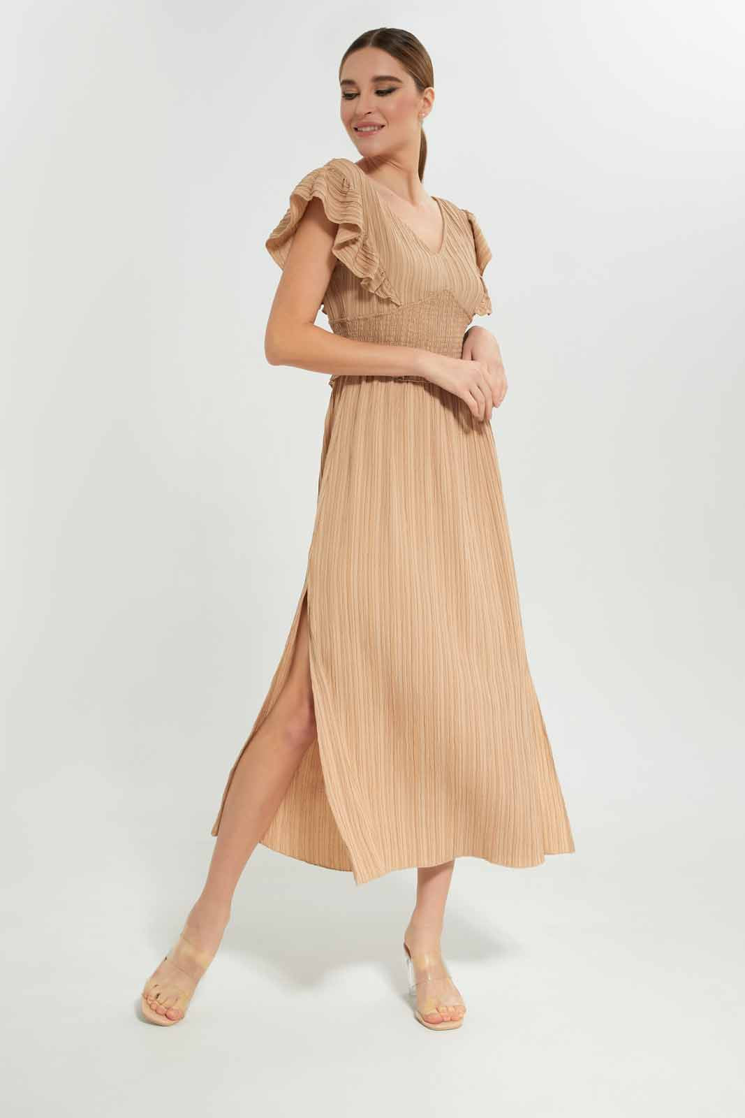 Redtag-Women-Assorted-Ruffled-Sleeve-Smocking-Dress-Category:Dresses,-Colour:Beige,-Deals:New-In,-Dept:Ladieswear,-Filter:Women's-Clothing,-LEC,-LEC-Dresses,-New-In-LEC-APL,-Non-Sale,-S23A,-Section:Women-Women's-