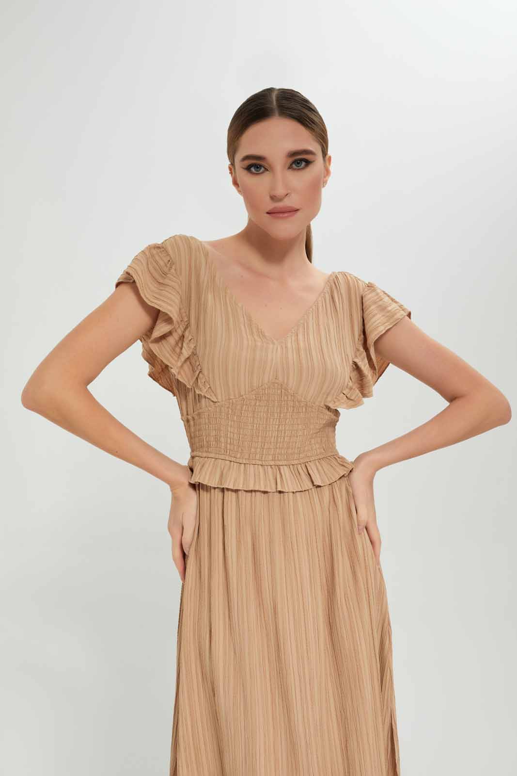 Redtag-Women-Assorted-Ruffled-Sleeve-Smocking-Dress-Category:Dresses,-Colour:Beige,-Deals:New-In,-Dept:Ladieswear,-Filter:Women's-Clothing,-LEC,-LEC-Dresses,-New-In-LEC-APL,-Non-Sale,-S23A,-Section:Women-Women's-