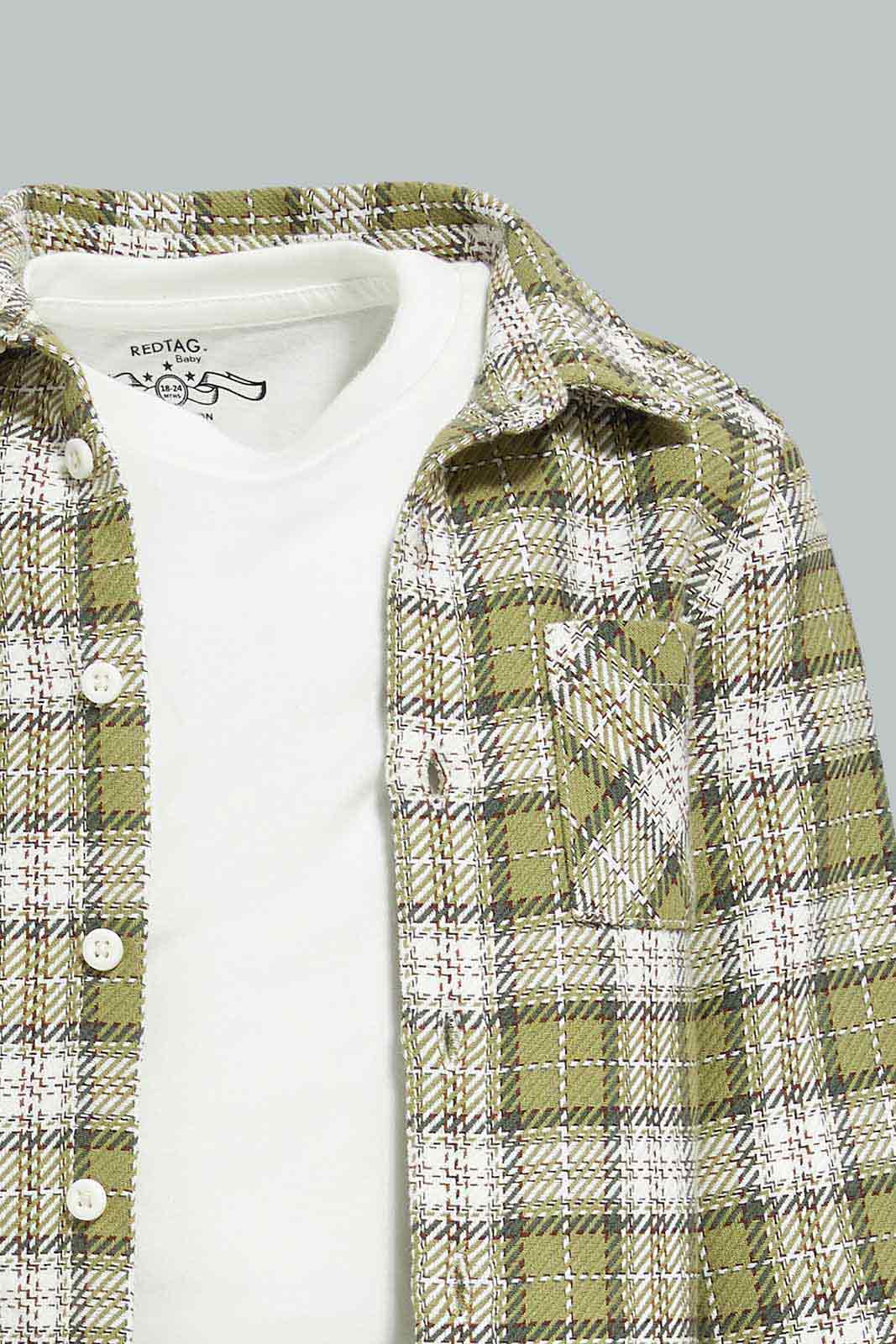 Redtag-Boys-Green-Check-Shirt-And-Mock-Tshirt-Set-Category:Shirts,-Colour:Green,-Deals:New-In,-Dept:Boys,-Filter:Infant-Boys-(3-to-24-Mths),-INB-Shirts,-New-In-INB-APL,-Non-Sale,-S23A,-Section:Boys-(0-to-14Yrs)-Infant-Boys-3 to 24 Months