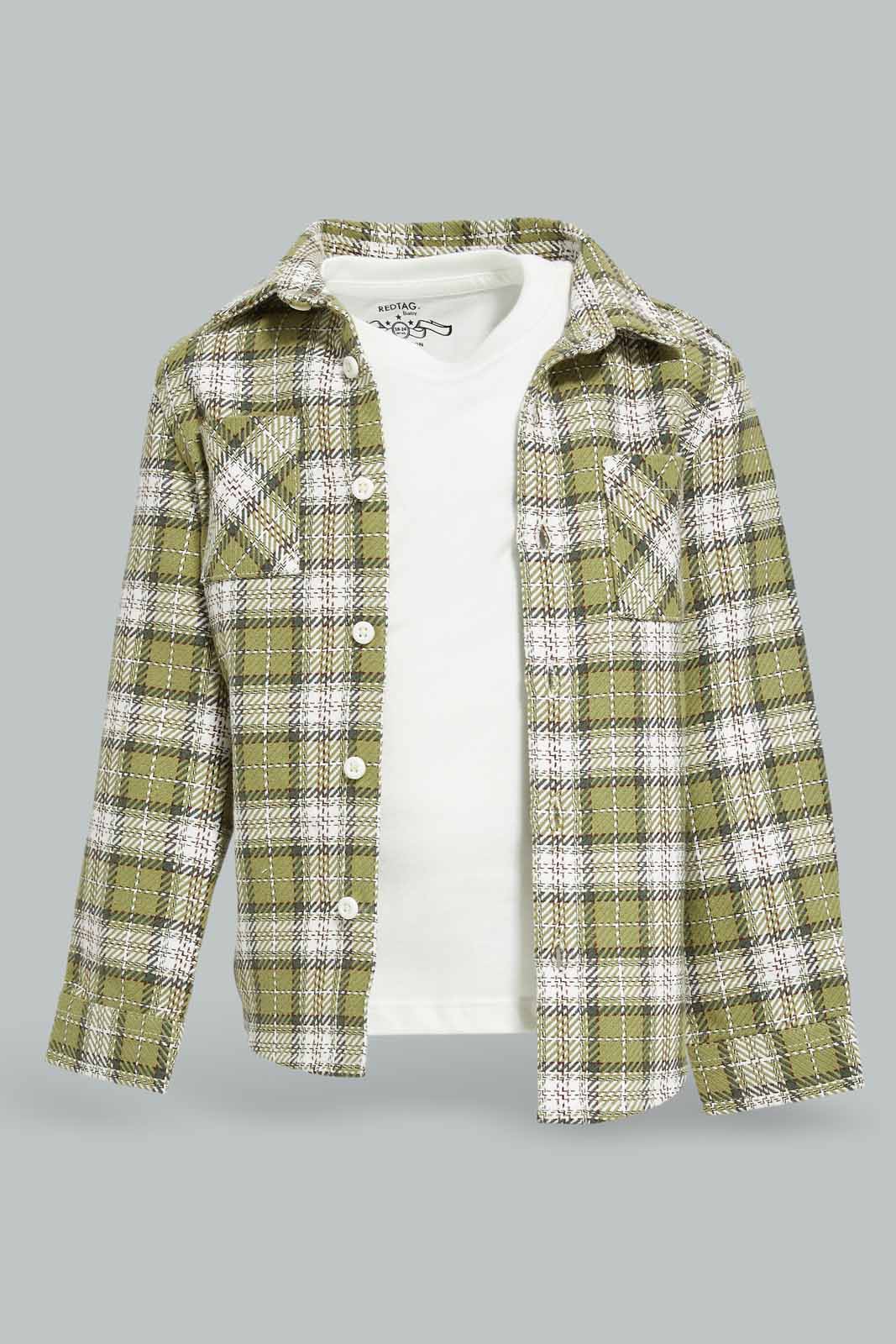 Redtag-Boys-Green-Check-Shirt-And-Mock-Tshirt-Set-Category:Shirts,-Colour:Green,-Deals:New-In,-Dept:Boys,-Filter:Infant-Boys-(3-to-24-Mths),-INB-Shirts,-New-In-INB-APL,-Non-Sale,-S23A,-Section:Boys-(0-to-14Yrs)-Infant-Boys-3 to 24 Months