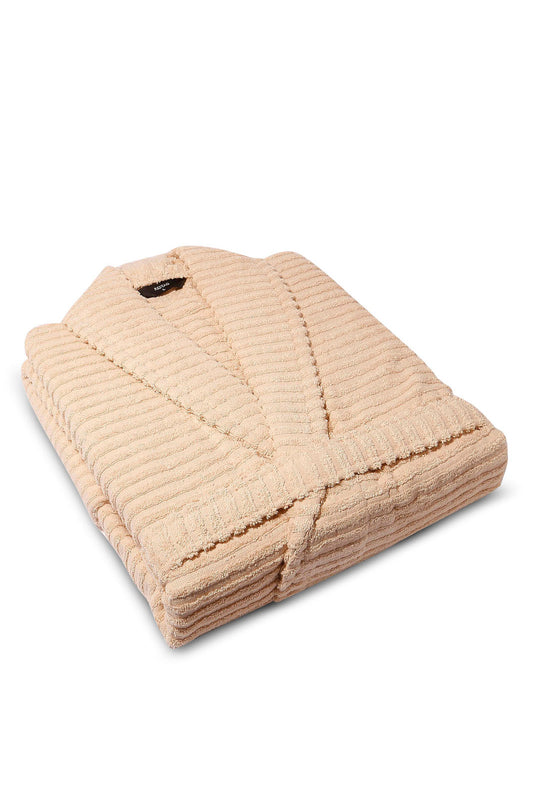 Women Beige Ribbed Bathrobe