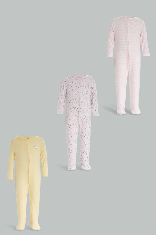 Redtag-3Pk-Sleepsuit-Floral-Girl-Category:Sleepsuits,-Colour:Apricot,-Deals:New-In,-Dept:New-Born,-Filter:Baby-(0-to-12-Mths),-NBF-Sleepsuits,-New-In-NBF-APL,-Non-Sale,-S23A,-Section:Boys-(0-to-14Yrs)-Baby-
