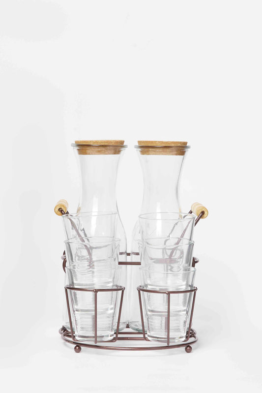 Redtag-Clear-Glass-Juice-Decnter-Set-With-Metal-Stand-(9-Piece)-Category:Jugs,-Colour:White,-Deals:New-In,-Dept:Home,-Filter:Home-Dining,-HMW-DIN-Drinkware,-New-In-HMW-DIN,-Non-Sale,-S23A,-Section:Homewares-Home-Dining-