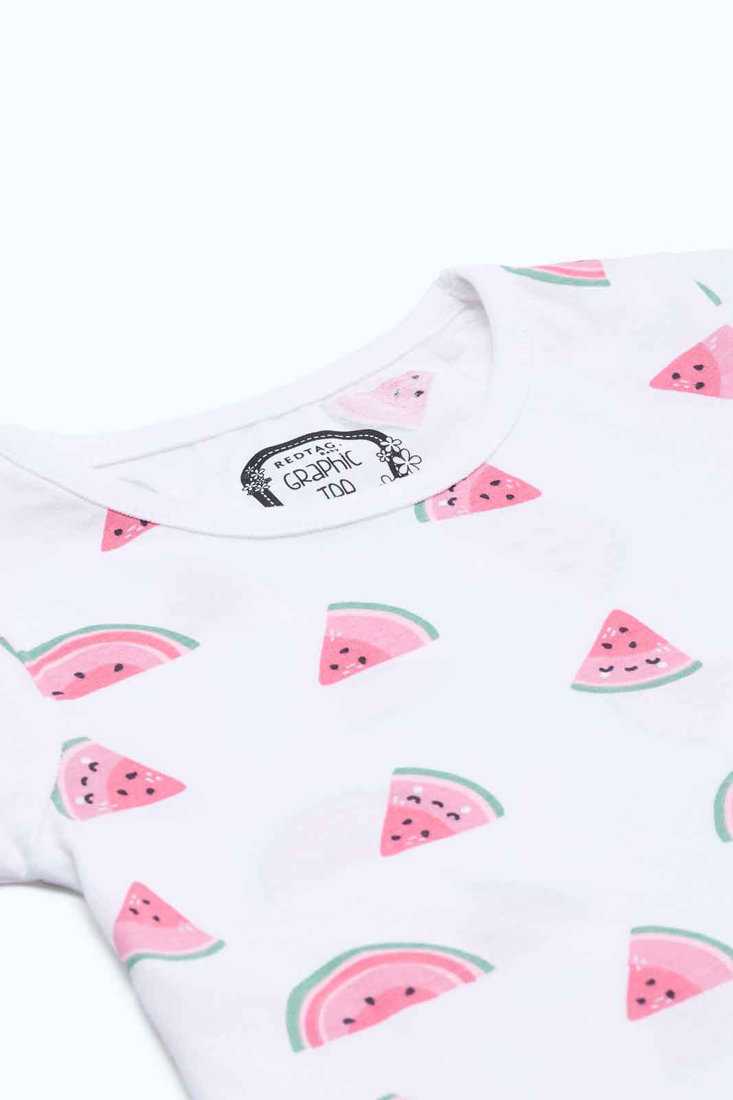 Redtag-Girls-White-Watermelon-Print-T-Shirt-Category:T-Shirts,-Colour:White,-Deals:New-In,-Dept:Girls,-Filter:Infant-Girls-(3-to-24-Mths),-ING-T-Shirts,-New-In-ING-APL,-Non-Sale,-S23B,-Section:Girls-(0-to-14Yrs),-TBL-Infant-Girls-3 to 24 Months
