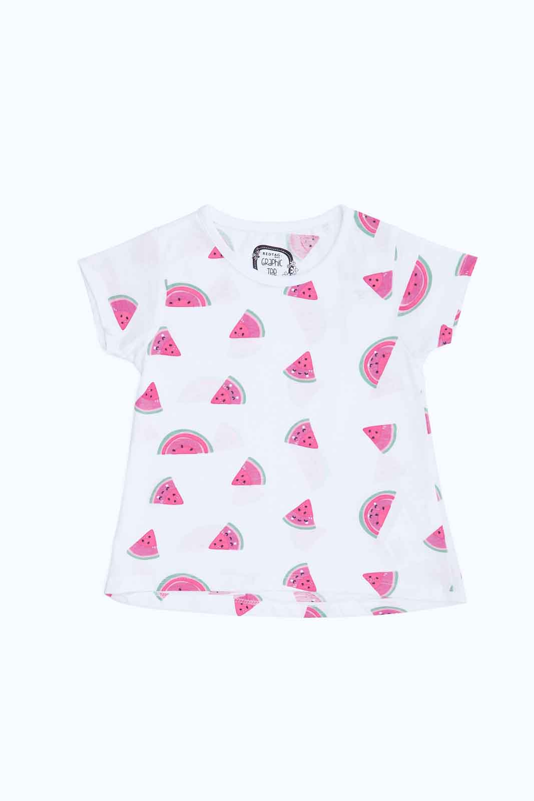 Redtag-Girls-White-Watermelon-Print-T-Shirt-Category:T-Shirts,-Colour:White,-Deals:New-In,-Dept:Girls,-Filter:Infant-Girls-(3-to-24-Mths),-ING-T-Shirts,-New-In-ING-APL,-Non-Sale,-S23B,-Section:Girls-(0-to-14Yrs),-TBL-Infant-Girls-3 to 24 Months