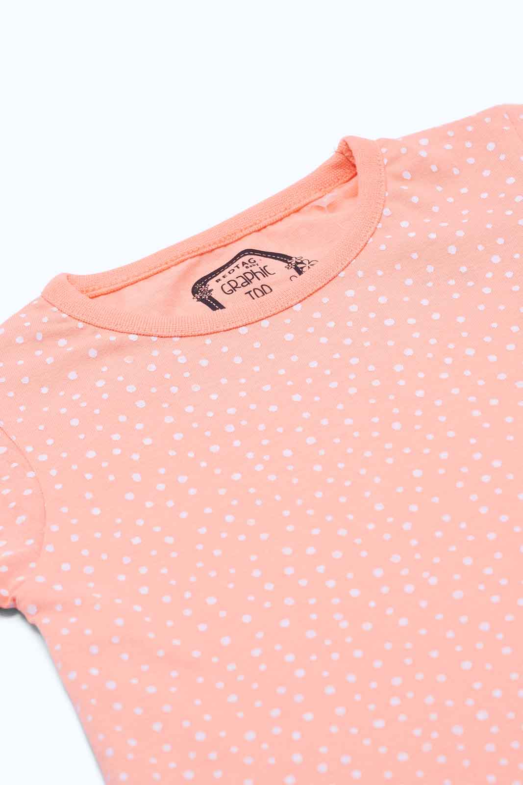 Redtag-Girls-Coral-Aop-T-Shirt-Category:T-Shirts,-Colour:Apricot,-Deals:New-In,-Dept:Girls,-Filter:Infant-Girls-(3-to-24-Mths),-ING-T-Shirts,-New-In-ING-APL,-Non-Sale,-S23B,-Section:Girls-(0-to-14Yrs),-TBL-Infant-Girls-3 to 24 Months