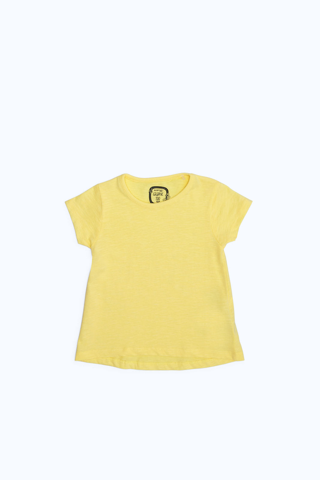 Redtag-Girls-Yellow-Slub-T-Shirt-Category:T-Shirts,-Colour:Yellow,-Deals:New-In,-Dept:Girls,-Filter:Infant-Girls-(3-to-24-Mths),-ING-T-Shirts,-New-In-ING-APL,-Non-Sale,-S23B,-Section:Girls-(0-to-14Yrs),-TBL-Infant-Girls-3 to 24 Months