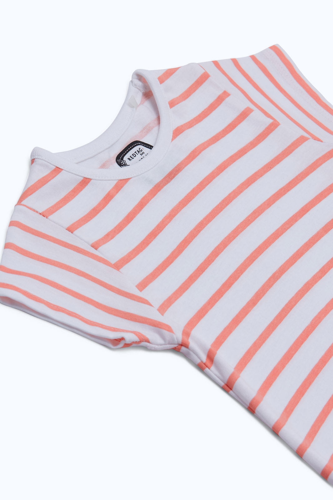 Redtag-Girls-White-Coral-Stripes-T-Shirt-Category:T-Shirts,-Colour:White,-Deals:New-In,-Dept:Girls,-Filter:Infant-Girls-(3-to-24-Mths),-ING-T-Shirts,-New-In-ING-APL,-Non-Sale,-S23B,-Section:Girls-(0-to-14Yrs),-TBL-Infant-Girls-3 to 24 Months