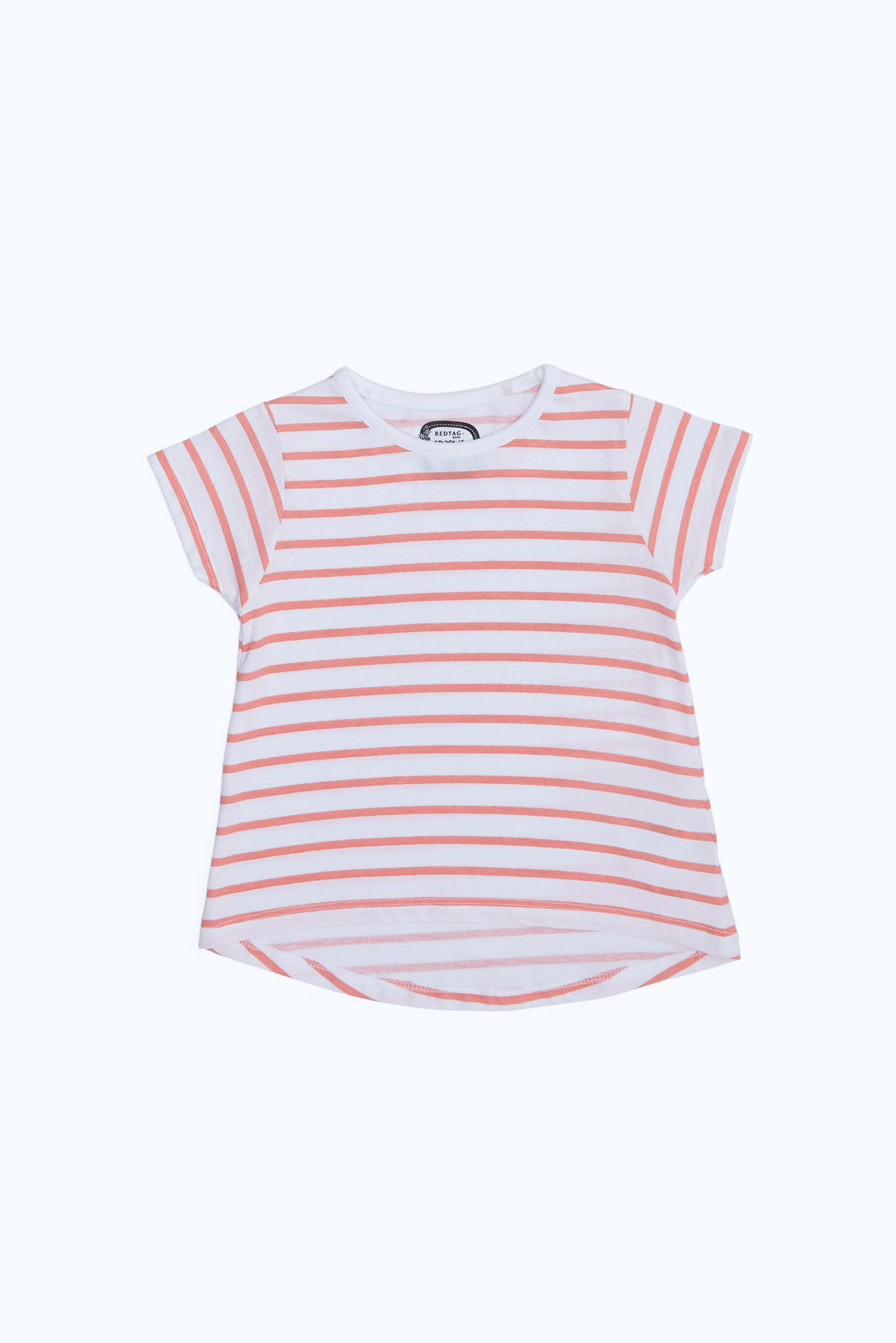 Redtag-Girls-White-Coral-Stripes-T-Shirt-Category:T-Shirts,-Colour:White,-Deals:New-In,-Dept:Girls,-Filter:Infant-Girls-(3-to-24-Mths),-ING-T-Shirts,-New-In-ING-APL,-Non-Sale,-S23B,-Section:Girls-(0-to-14Yrs),-TBL-Infant-Girls-3 to 24 Months