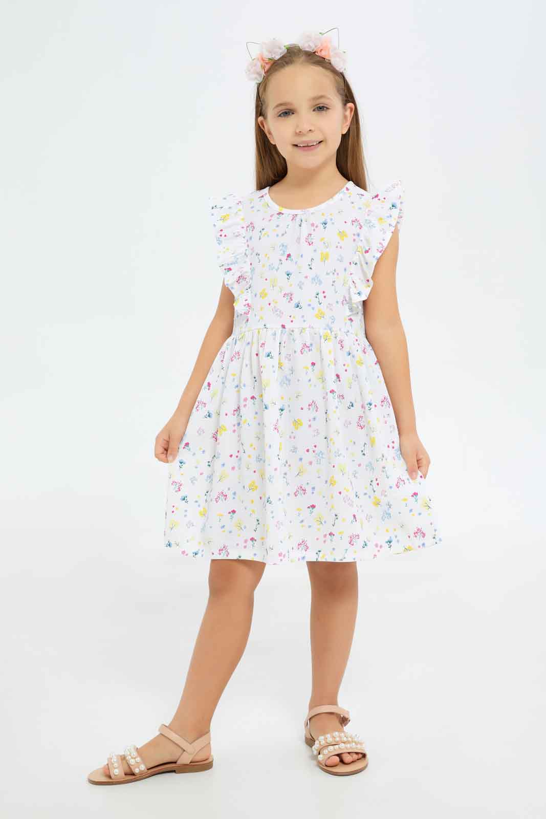 Redtag-Girls-White-Crinkle-Ruffle-Dress-White-Floral-Category:Dresses,-Colour:White,-Deals:New-In,-Dept:Girls,-Filter:Girls-(2-to-8-Yrs),-GIR-Dresses,-New-In-GIR-APL,-Non-Sale,-S23A,-Section:Girls-(0-to-14Yrs)-Girls-2 to 8 Years