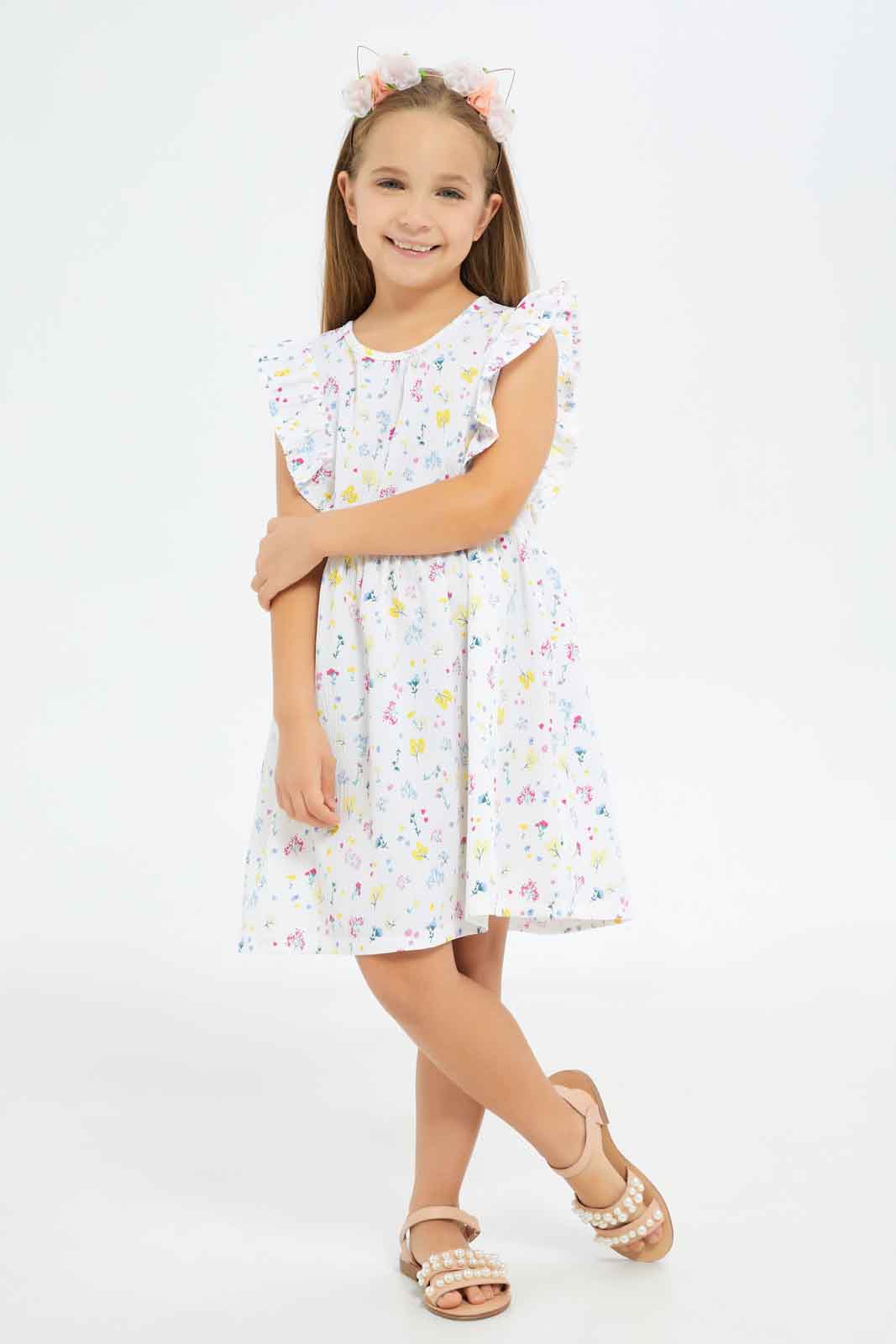 Redtag-Girls-White-Crinkle-Ruffle-Dress-White-Floral-Category:Dresses,-Colour:White,-Deals:New-In,-Dept:Girls,-Filter:Girls-(2-to-8-Yrs),-GIR-Dresses,-New-In-GIR-APL,-Non-Sale,-S23A,-Section:Girls-(0-to-14Yrs)-Girls-2 to 8 Years