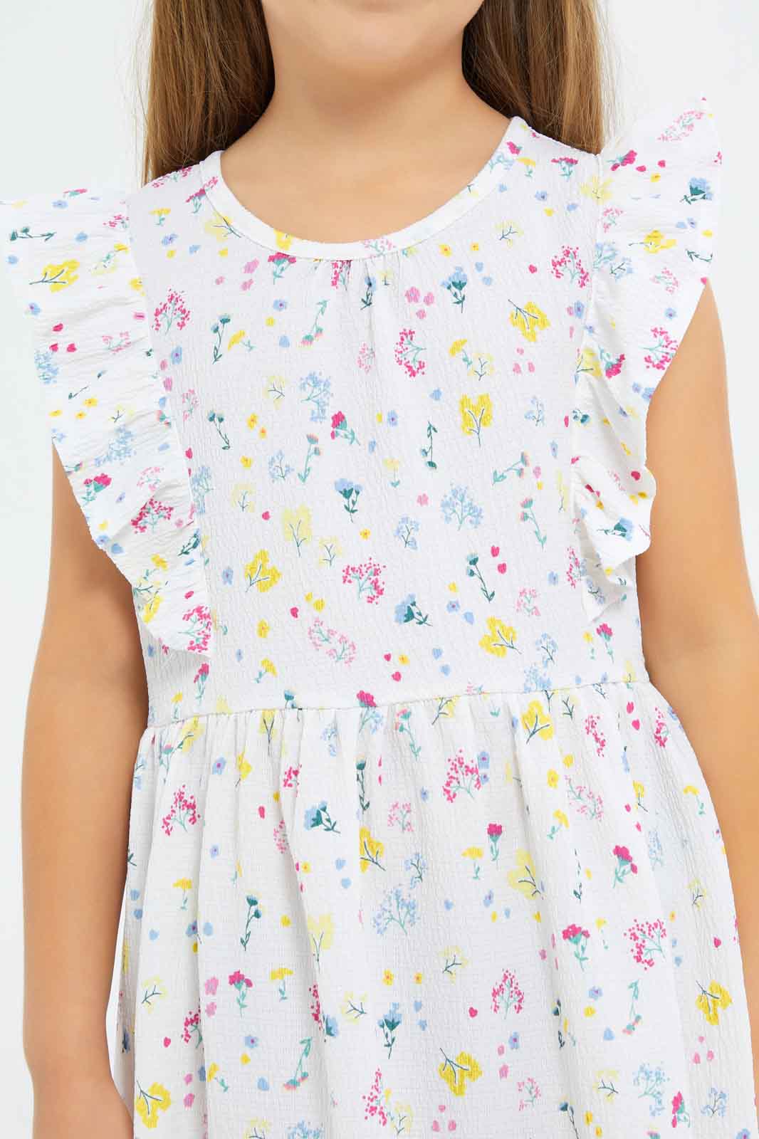 Redtag-Girls-White-Crinkle-Ruffle-Dress-White-Floral-Category:Dresses,-Colour:White,-Deals:New-In,-Dept:Girls,-Filter:Girls-(2-to-8-Yrs),-GIR-Dresses,-New-In-GIR-APL,-Non-Sale,-S23A,-Section:Girls-(0-to-14Yrs)-Girls-2 to 8 Years
