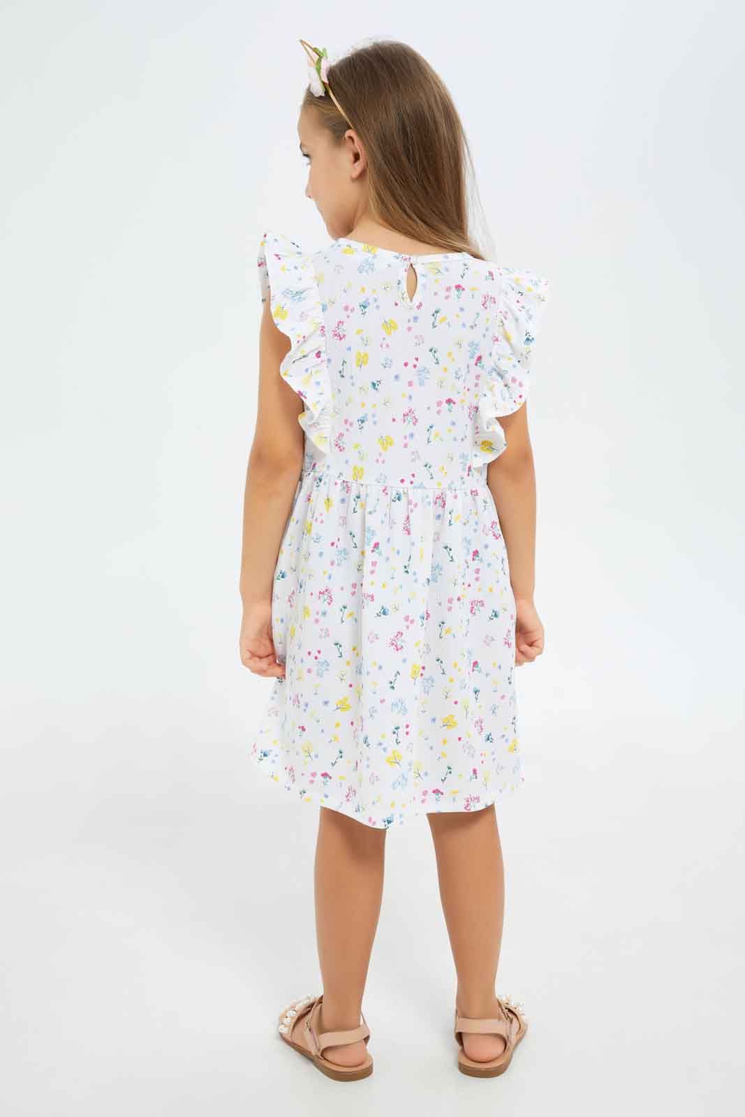 Redtag-Girls-White-Crinkle-Ruffle-Dress-White-Floral-Category:Dresses,-Colour:White,-Deals:New-In,-Dept:Girls,-Filter:Girls-(2-to-8-Yrs),-GIR-Dresses,-New-In-GIR-APL,-Non-Sale,-S23A,-Section:Girls-(0-to-14Yrs)-Girls-2 to 8 Years