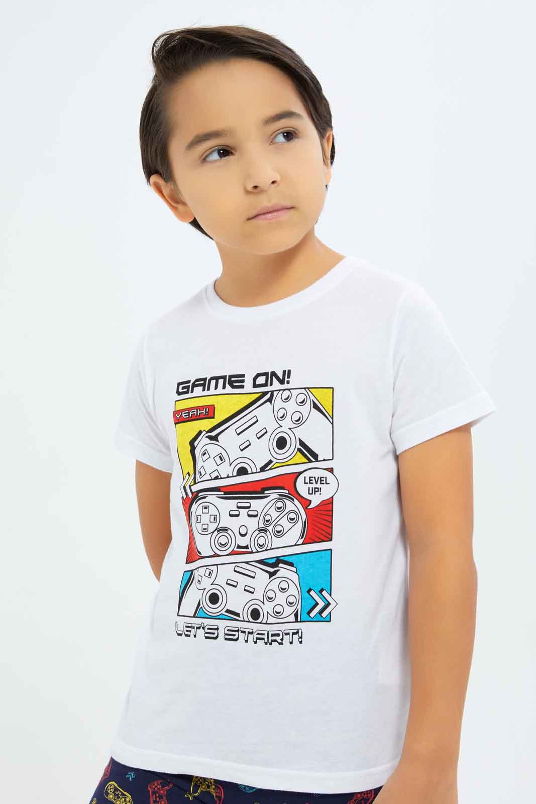 Redtag-Boys-White-Game-Print-Short-Sleeve-Tee-And-Shorts-Pyjama-Set-BOY-Pyjama-Sets,-Category:Pyjama-Sets,-Colour:White,-Deals:New-In,-Dept:Boys,-Filter:Boys-(2-to-8-Yrs),-New-In-BOY-APL,-Non-Sale,-S23B,-Section:Boys-(0-to-14Yrs),-VLM-Boys-2 to 8 Years