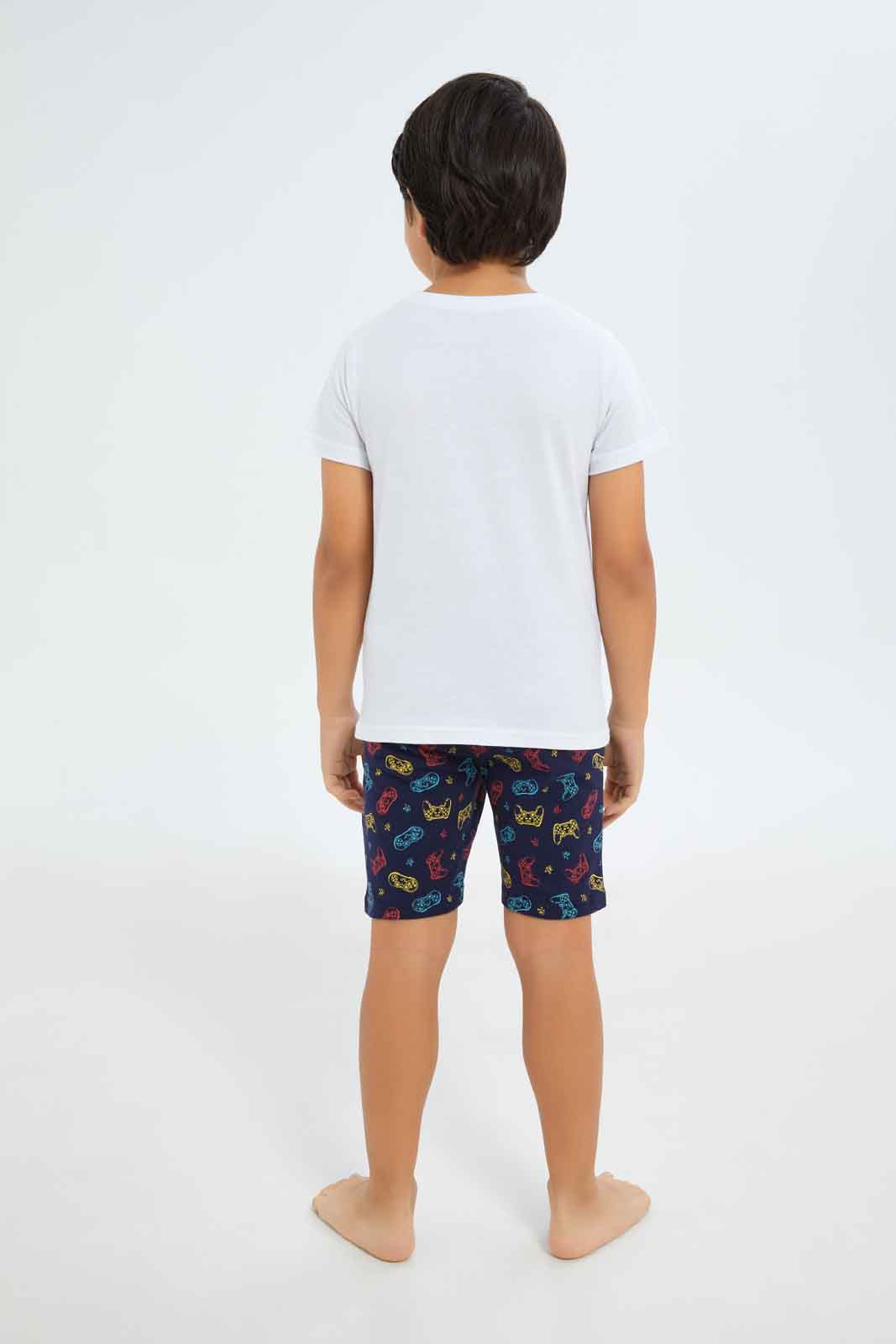 Redtag-Boys-White-Game-Print-Short-Sleeve-Tee-And-Shorts-Pyjama-Set-BOY-Pyjama-Sets,-Category:Pyjama-Sets,-Colour:White,-Deals:New-In,-Dept:Boys,-Filter:Boys-(2-to-8-Yrs),-New-In-BOY-APL,-Non-Sale,-S23B,-Section:Boys-(0-to-14Yrs),-VLM-Boys-2 to 8 Years