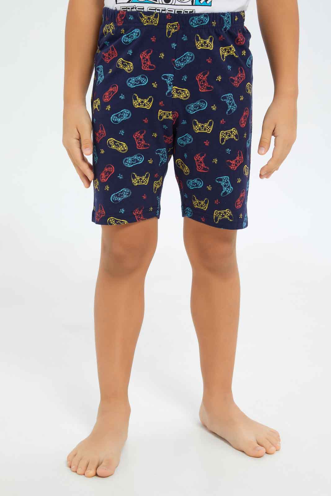 Redtag-Boys-White-Game-Print-Short-Sleeve-Tee-And-Shorts-Pyjama-Set-BOY-Pyjama-Sets,-Category:Pyjama-Sets,-Colour:White,-Deals:New-In,-Dept:Boys,-Filter:Boys-(2-to-8-Yrs),-New-In-BOY-APL,-Non-Sale,-S23B,-Section:Boys-(0-to-14Yrs),-VLM-Boys-2 to 8 Years