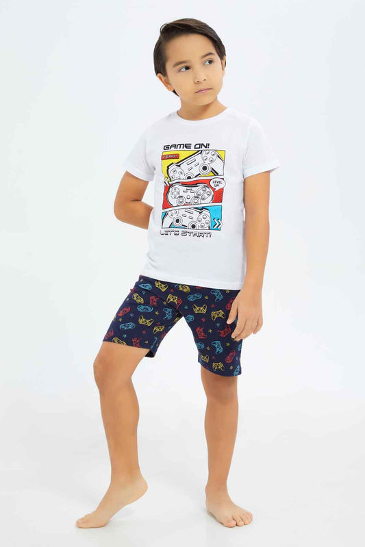 Redtag-Boys-White-Game-Print-Short-Sleeve-Tee-And-Shorts-Pyjama-Set-BOY-Pyjama-Sets,-Category:Pyjama-Sets,-Colour:White,-Deals:New-In,-Dept:Boys,-Filter:Boys-(2-to-8-Yrs),-New-In-BOY-APL,-Non-Sale,-S23B,-Section:Boys-(0-to-14Yrs),-VLM-Boys-2 to 8 Years