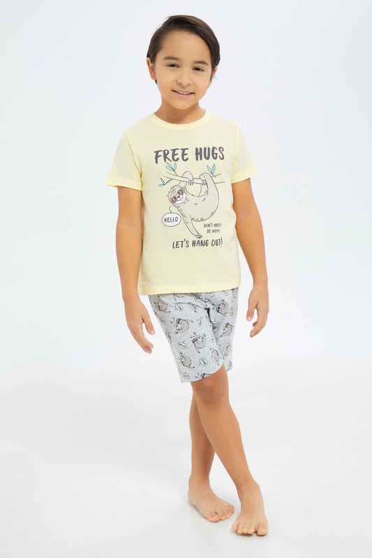 Redtag-Boys-Yellow-Sloth-Print-Short-Sleeve-Tee-And-Shorts-Pyjama-Set-BOY-Pyjama-Sets,-Category:Pyjama-Sets,-Colour:Yellow,-Deals:New-In,-Dept:Boys,-Filter:Boys-(2-to-8-Yrs),-New-In-BOY-APL,-Non-Sale,-S23B,-Section:Boys-(0-to-14Yrs),-VLM-Boys-2 to 8 Years