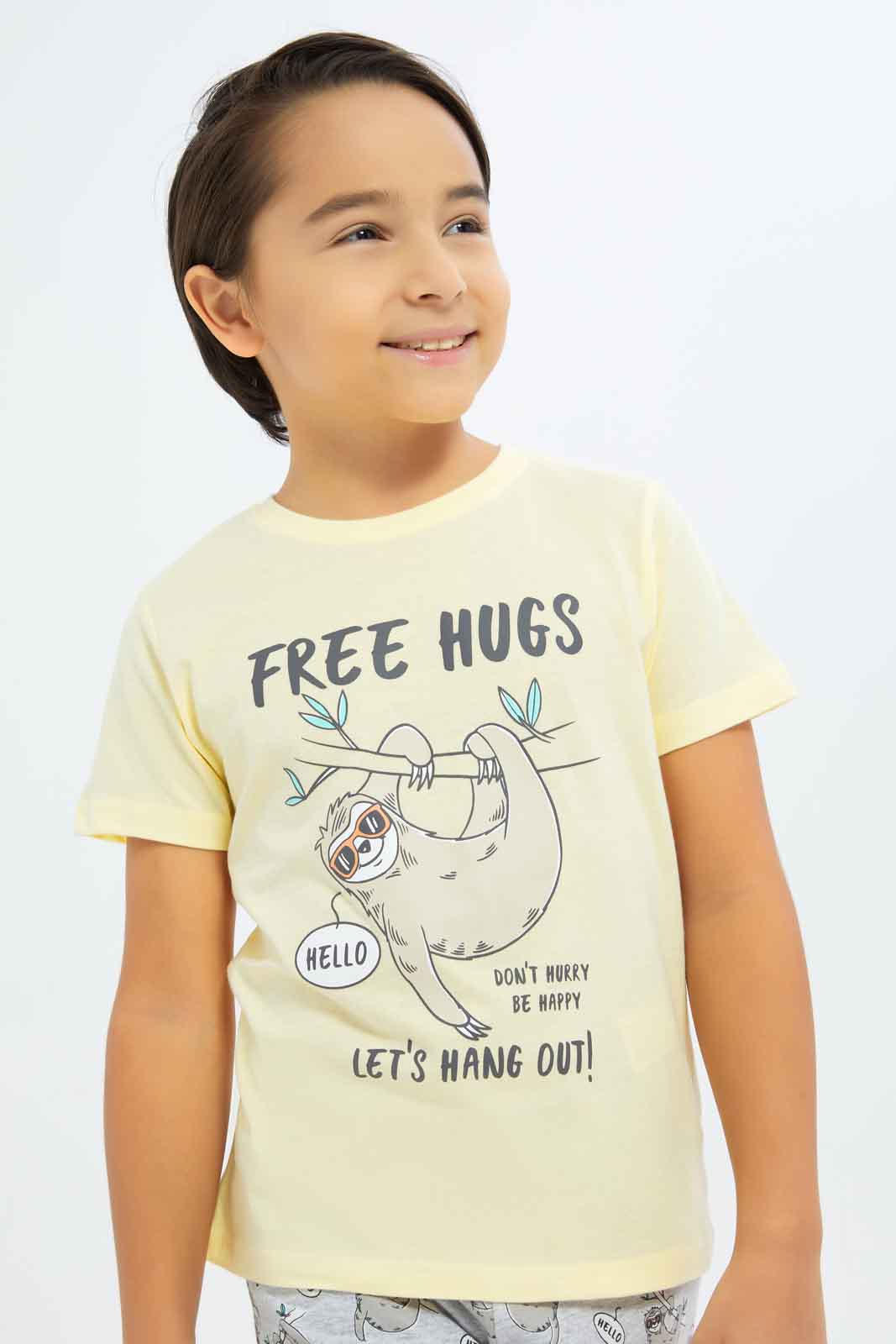 Redtag-Boys-Yellow-Sloth-Print-Short-Sleeve-Tee-And-Shorts-Pyjama-Set-BOY-Pyjama-Sets,-Category:Pyjama-Sets,-Colour:Yellow,-Deals:New-In,-Dept:Boys,-Filter:Boys-(2-to-8-Yrs),-New-In-BOY-APL,-Non-Sale,-S23B,-Section:Boys-(0-to-14Yrs),-VLM-Boys-2 to 8 Years