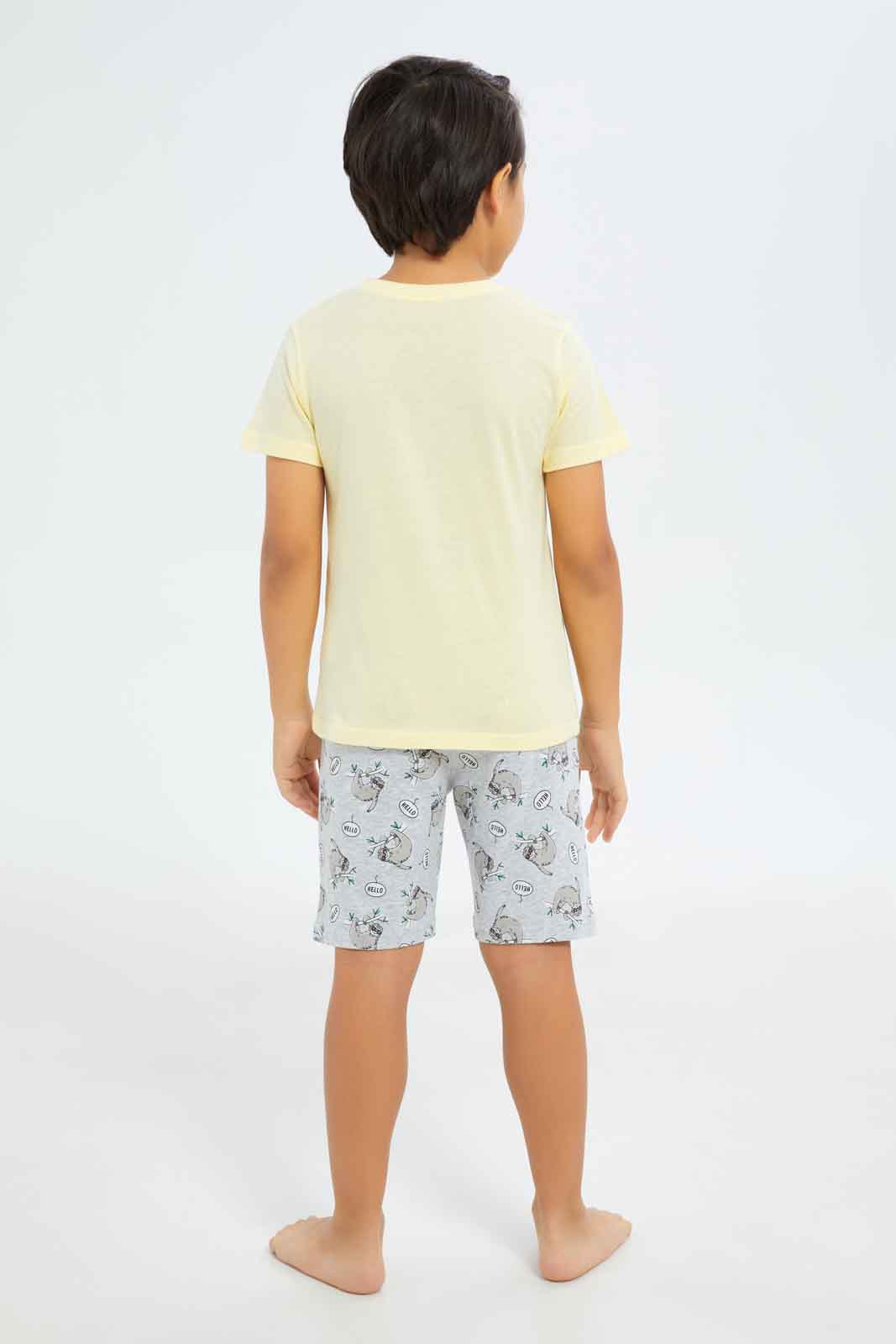 Redtag-Boys-Yellow-Sloth-Print-Short-Sleeve-Tee-And-Shorts-Pyjama-Set-BOY-Pyjama-Sets,-Category:Pyjama-Sets,-Colour:Yellow,-Deals:New-In,-Dept:Boys,-Filter:Boys-(2-to-8-Yrs),-New-In-BOY-APL,-Non-Sale,-S23B,-Section:Boys-(0-to-14Yrs),-VLM-Boys-2 to 8 Years