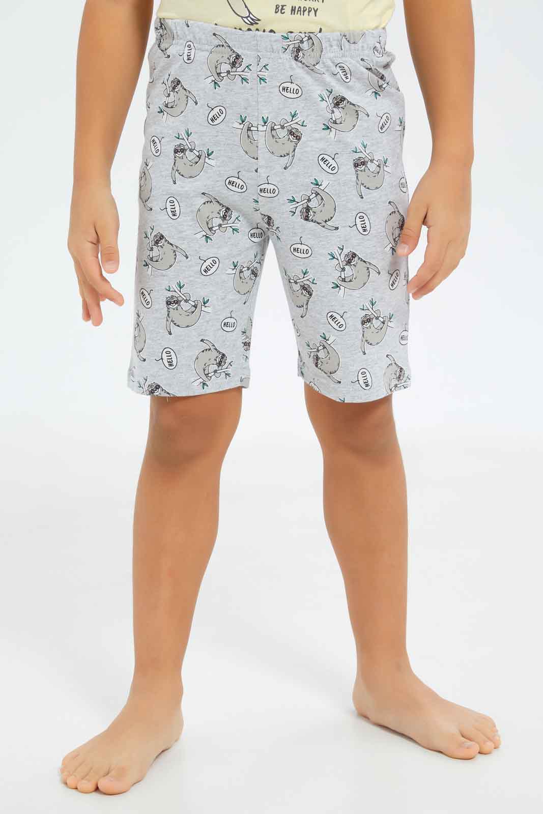 Redtag-Boys-Yellow-Sloth-Print-Short-Sleeve-Tee-And-Shorts-Pyjama-Set-BOY-Pyjama-Sets,-Category:Pyjama-Sets,-Colour:Yellow,-Deals:New-In,-Dept:Boys,-Filter:Boys-(2-to-8-Yrs),-New-In-BOY-APL,-Non-Sale,-S23B,-Section:Boys-(0-to-14Yrs),-VLM-Boys-2 to 8 Years
