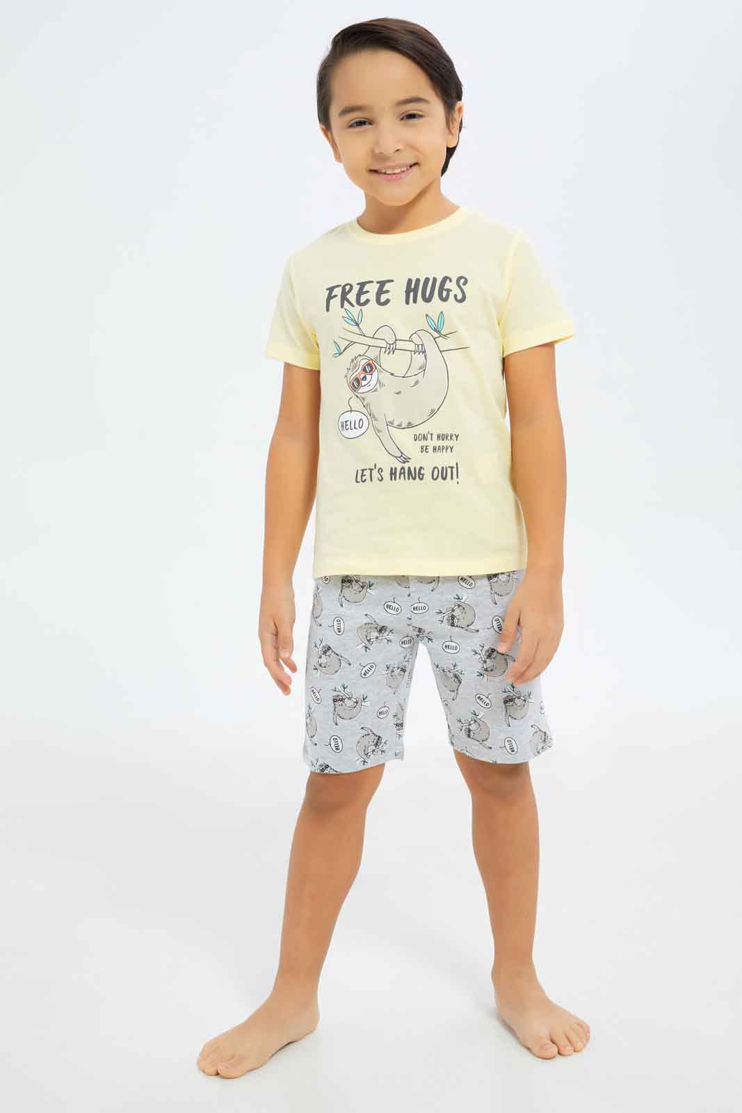Redtag-Boys-Yellow-Sloth-Print-Short-Sleeve-Tee-And-Shorts-Pyjama-Set-BOY-Pyjama-Sets,-Category:Pyjama-Sets,-Colour:Yellow,-Deals:New-In,-Dept:Boys,-Filter:Boys-(2-to-8-Yrs),-New-In-BOY-APL,-Non-Sale,-S23B,-Section:Boys-(0-to-14Yrs),-VLM-Boys-2 to 8 Years