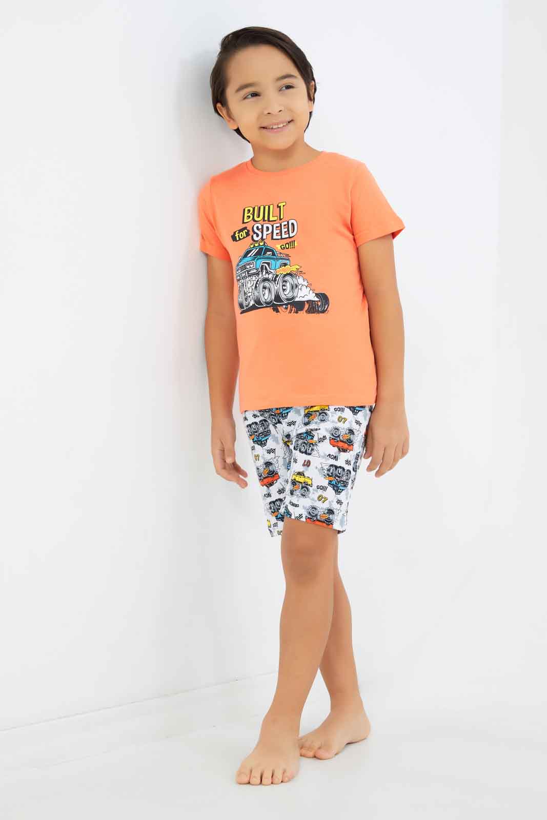 Redtag-Boys-Orange-Car-Print-Short-Sleeve-Tee-And-Aop-Shorts-Pyjama-Set-BOY-Pyjama-Sets,-Category:Pyjama-Sets,-Colour:Orange,-Deals:New-In,-Dept:Boys,-Filter:Boys-(2-to-8-Yrs),-New-In-BOY-APL,-Non-Sale,-S23B,-Section:Boys-(0-to-14Yrs),-VLM-Boys-2 to 8 Years