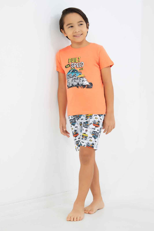 Redtag-Boys-Orange-Car-Print-Short-Sleeve-Tee-And-Aop-Shorts-Pyjama-Set-BOY-Pyjama-Sets,-Category:Pyjama-Sets,-Colour:Orange,-Deals:New-In,-Dept:Boys,-Filter:Boys-(2-to-8-Yrs),-New-In-BOY-APL,-Non-Sale,-S23B,-Section:Boys-(0-to-14Yrs),-VLM-Boys-2 to 8 Years