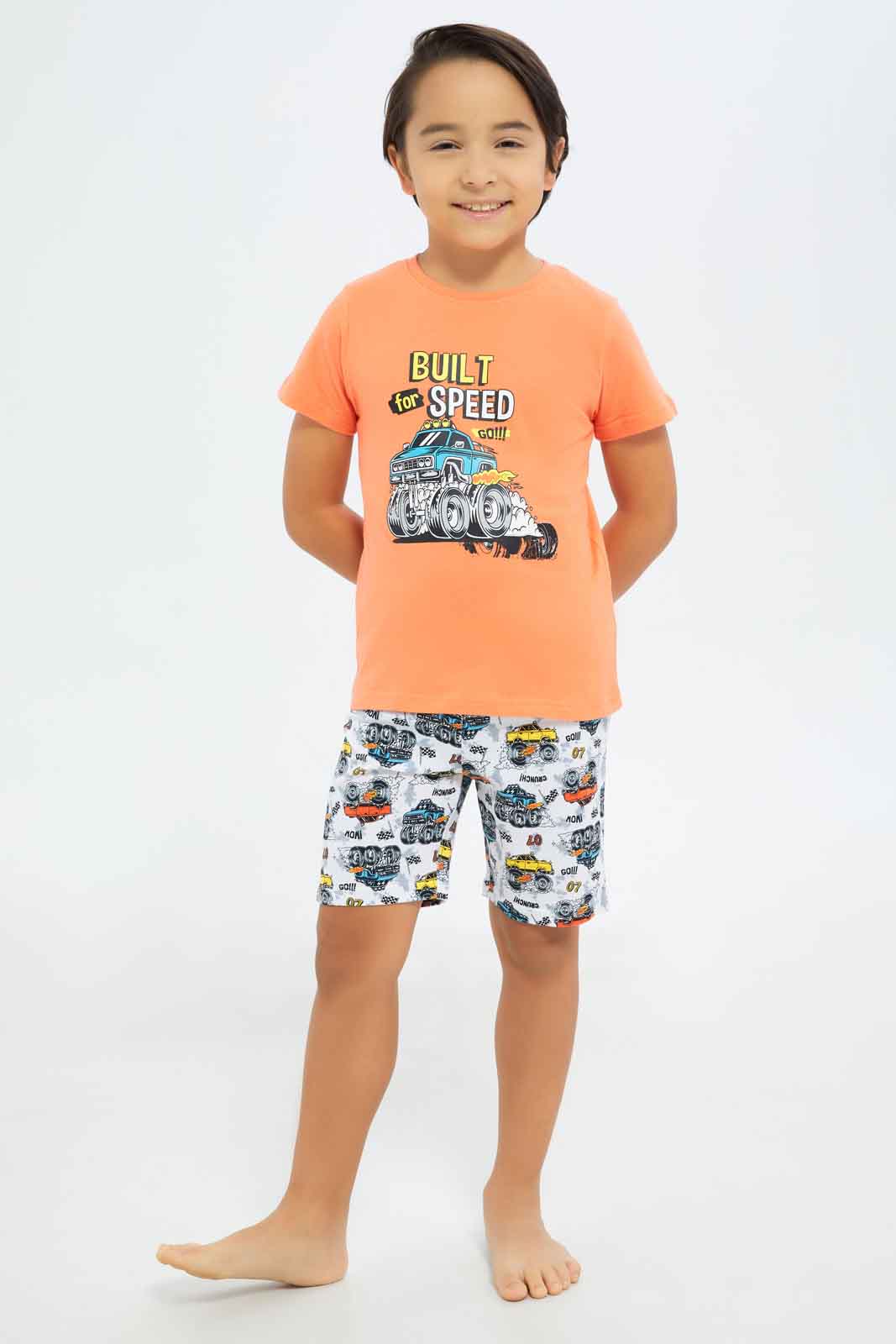 Redtag-Boys-Orange-Car-Print-Short-Sleeve-Tee-And-Aop-Shorts-Pyjama-Set-BOY-Pyjama-Sets,-Category:Pyjama-Sets,-Colour:Orange,-Deals:New-In,-Dept:Boys,-Filter:Boys-(2-to-8-Yrs),-New-In-BOY-APL,-Non-Sale,-S23B,-Section:Boys-(0-to-14Yrs),-VLM-Boys-2 to 8 Years