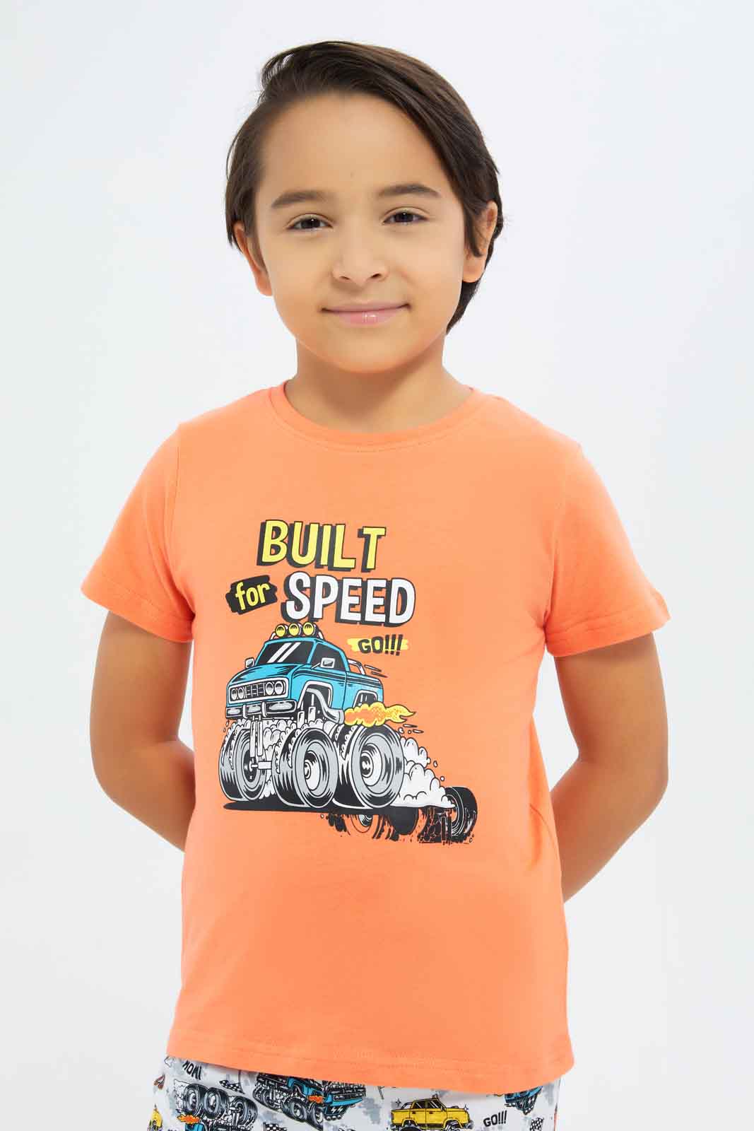 Redtag-Boys-Orange-Car-Print-Short-Sleeve-Tee-And-Aop-Shorts-Pyjama-Set-BOY-Pyjama-Sets,-Category:Pyjama-Sets,-Colour:Orange,-Deals:New-In,-Dept:Boys,-Filter:Boys-(2-to-8-Yrs),-New-In-BOY-APL,-Non-Sale,-S23B,-Section:Boys-(0-to-14Yrs),-VLM-Boys-2 to 8 Years