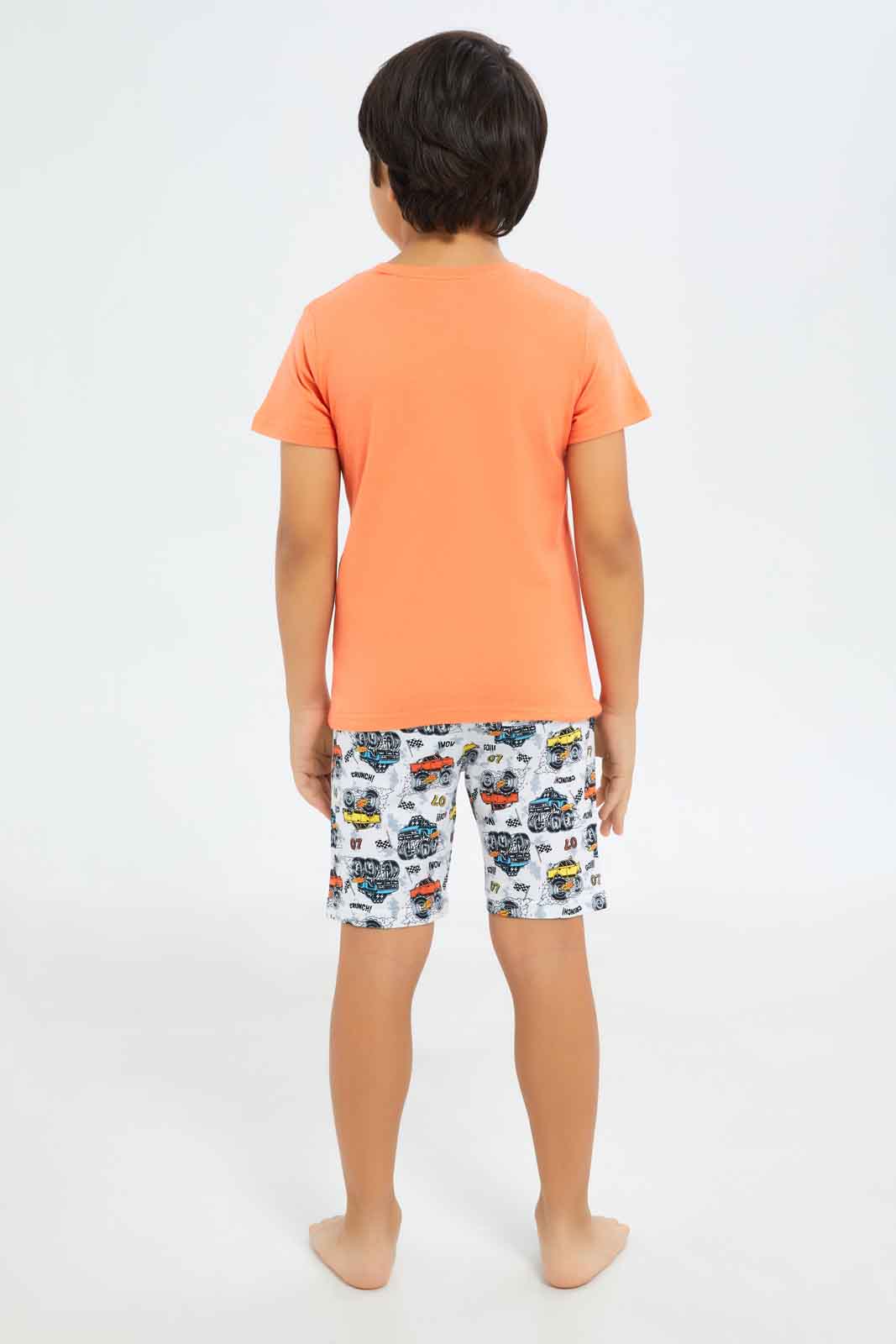 Redtag-Boys-Orange-Car-Print-Short-Sleeve-Tee-And-Aop-Shorts-Pyjama-Set-BOY-Pyjama-Sets,-Category:Pyjama-Sets,-Colour:Orange,-Deals:New-In,-Dept:Boys,-Filter:Boys-(2-to-8-Yrs),-New-In-BOY-APL,-Non-Sale,-S23B,-Section:Boys-(0-to-14Yrs),-VLM-Boys-2 to 8 Years