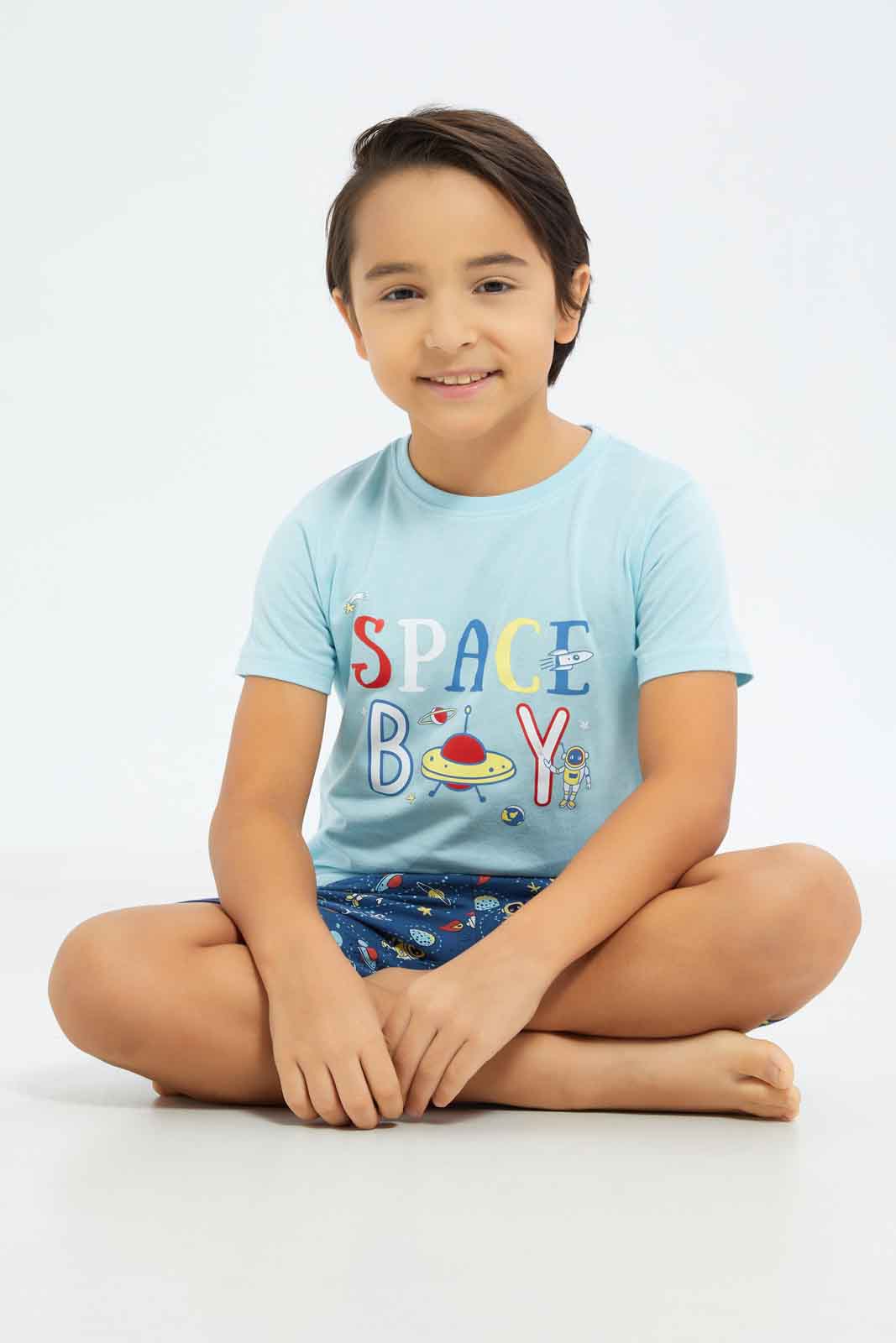 Redtag-Boys-Blue-Space-Print-Short-Sleeve-Tee-And-Aop-Shorts-Pyjama-Set-BOY-Pyjama-Sets,-Category:Pyjama-Sets,-Colour:Blue,-Deals:New-In,-Dept:Boys,-Filter:Boys-(2-to-8-Yrs),-New-In-BOY-APL,-Non-Sale,-S23B,-Section:Boys-(0-to-14Yrs),-VLM-Boys-2 to 8 Years
