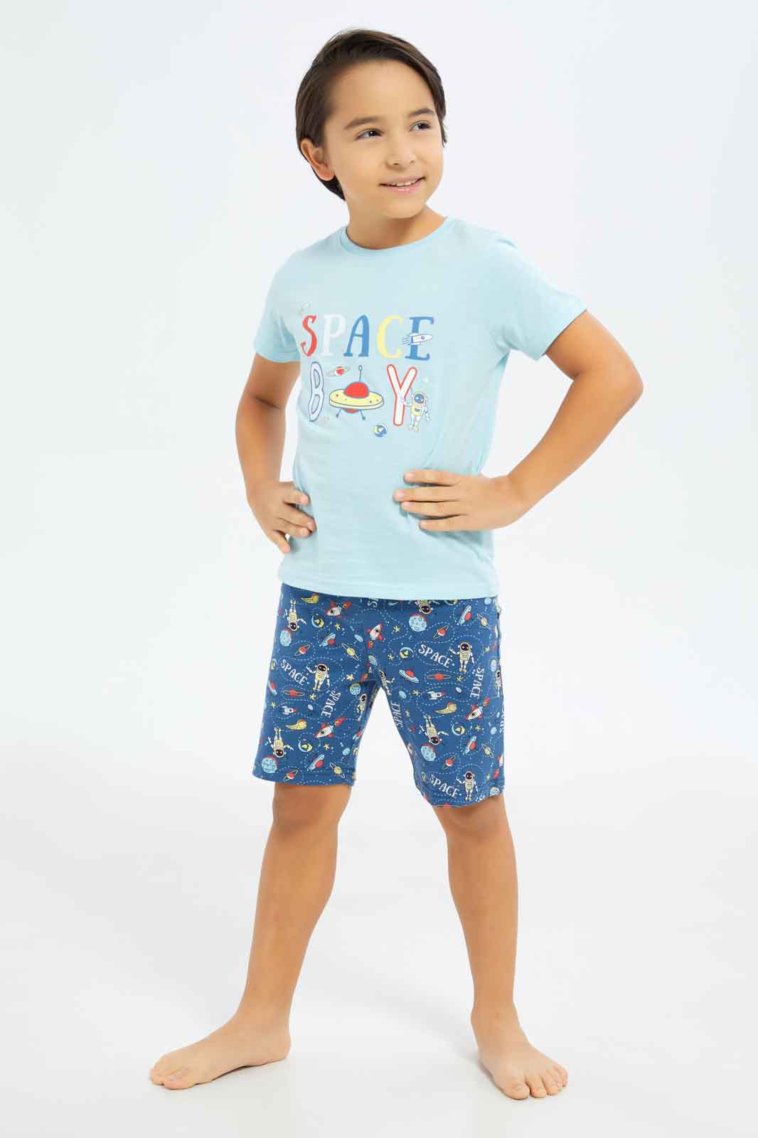 Redtag-Boys-Blue-Space-Print-Short-Sleeve-Tee-And-Aop-Shorts-Pyjama-Set-BOY-Pyjama-Sets,-Category:Pyjama-Sets,-Colour:Blue,-Deals:New-In,-Dept:Boys,-Filter:Boys-(2-to-8-Yrs),-New-In-BOY-APL,-Non-Sale,-S23B,-Section:Boys-(0-to-14Yrs),-VLM-Boys-2 to 8 Years