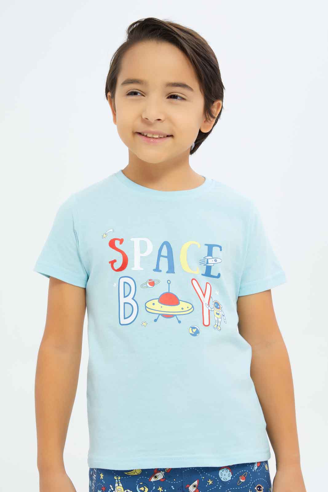 Redtag-Boys-Blue-Space-Print-Short-Sleeve-Tee-And-Aop-Shorts-Pyjama-Set-BOY-Pyjama-Sets,-Category:Pyjama-Sets,-Colour:Blue,-Deals:New-In,-Dept:Boys,-Filter:Boys-(2-to-8-Yrs),-New-In-BOY-APL,-Non-Sale,-S23B,-Section:Boys-(0-to-14Yrs),-VLM-Boys-2 to 8 Years