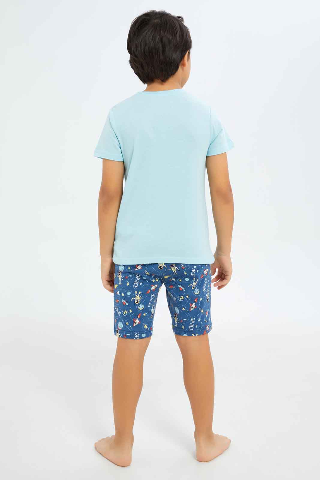 Redtag-Boys-Blue-Space-Print-Short-Sleeve-Tee-And-Aop-Shorts-Pyjama-Set-BOY-Pyjama-Sets,-Category:Pyjama-Sets,-Colour:Blue,-Deals:New-In,-Dept:Boys,-Filter:Boys-(2-to-8-Yrs),-New-In-BOY-APL,-Non-Sale,-S23B,-Section:Boys-(0-to-14Yrs),-VLM-Boys-2 to 8 Years