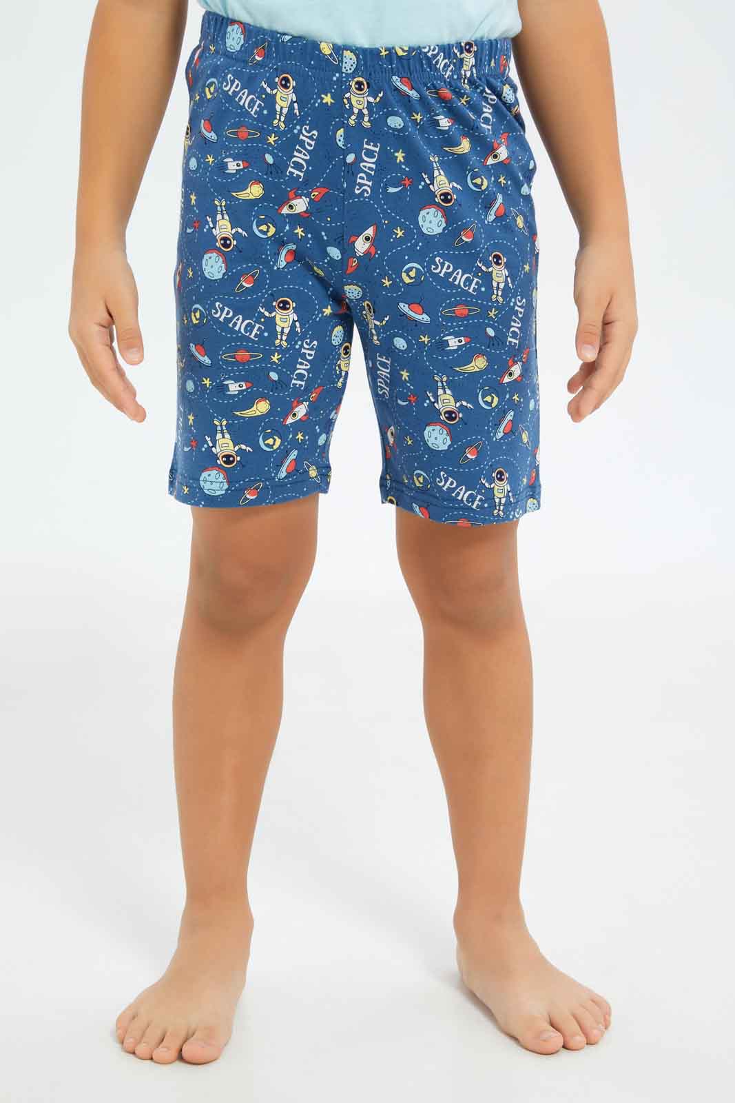 Redtag-Boys-Blue-Space-Print-Short-Sleeve-Tee-And-Aop-Shorts-Pyjama-Set-BOY-Pyjama-Sets,-Category:Pyjama-Sets,-Colour:Blue,-Deals:New-In,-Dept:Boys,-Filter:Boys-(2-to-8-Yrs),-New-In-BOY-APL,-Non-Sale,-S23B,-Section:Boys-(0-to-14Yrs),-VLM-Boys-2 to 8 Years