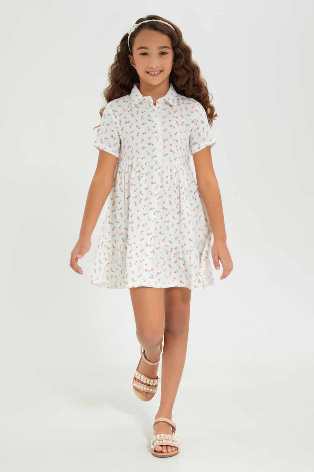 Redtag-Girls-White-Cotton-Viscose-Crinkle-Button-Through--White-Floral-Category:Dresses,-Colour:White,-Deals:New-In,-Dept:Girls,-Filter:Girls-(2-to-8-Yrs),-GIR-Dresses,-New-In-GIR-APL,-Non-Sale,-S23A,-Section:Girls-(0-to-14Yrs)-Girls-2 to 8 Years