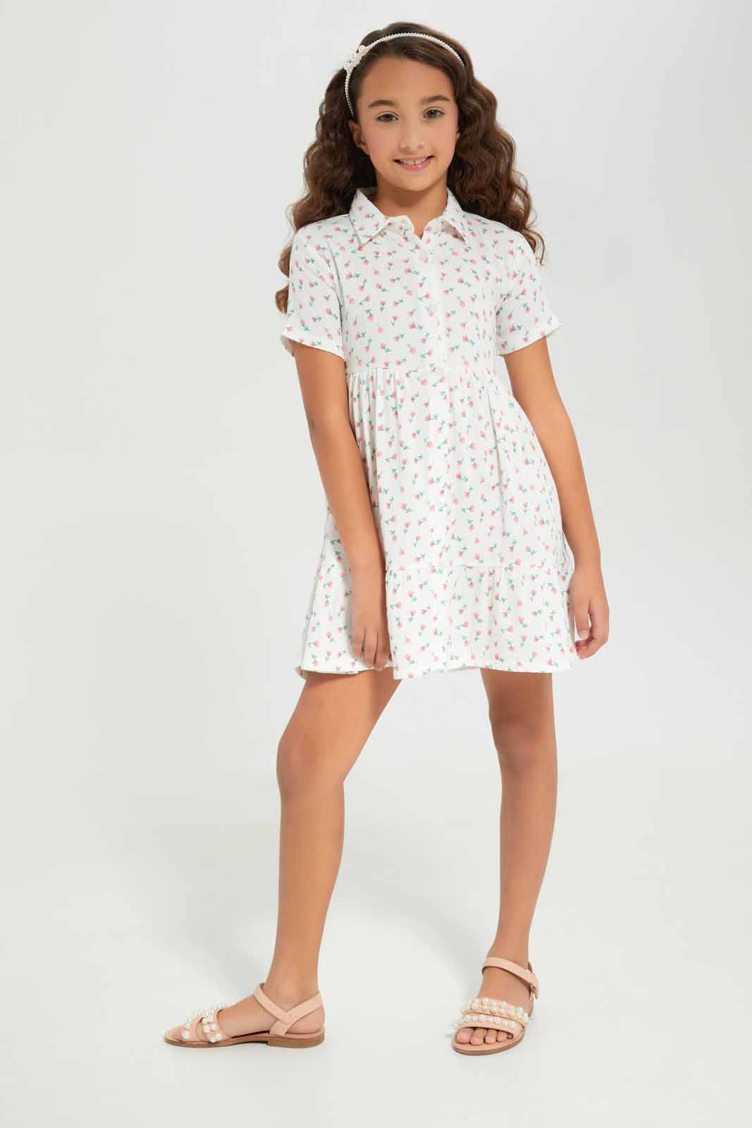 Redtag-Girls-White-Cotton-Viscose-Crinkle-Button-Through--White-Floral-Category:Dresses,-Colour:White,-Deals:New-In,-Dept:Girls,-Filter:Girls-(2-to-8-Yrs),-GIR-Dresses,-New-In-GIR-APL,-Non-Sale,-S23A,-Section:Girls-(0-to-14Yrs)-Girls-2 to 8 Years