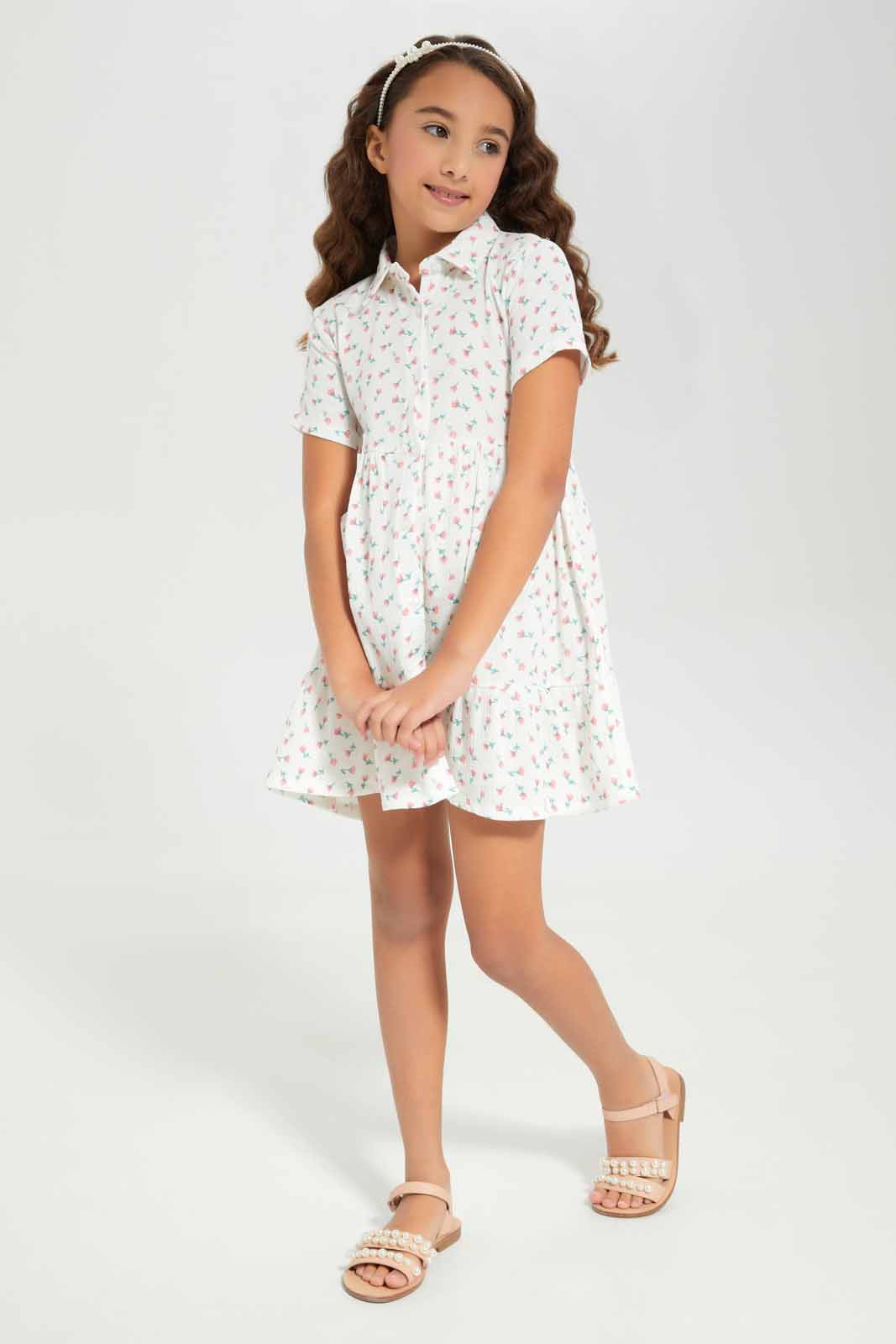 Redtag-Girls-White-Cotton-Viscose-Crinkle-Button-Through--White-Floral-Category:Dresses,-Colour:White,-Deals:New-In,-Dept:Girls,-Filter:Girls-(2-to-8-Yrs),-GIR-Dresses,-New-In-GIR-APL,-Non-Sale,-S23A,-Section:Girls-(0-to-14Yrs)-Girls-2 to 8 Years