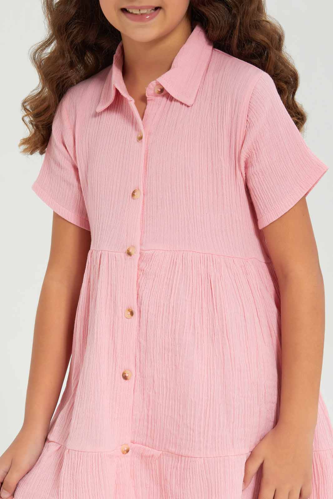 Redtag-Girls-Pink-Cotton-Viscose-Crinkle-Button-Through--Light-Pink-Category:Dresses,-Colour:Apricot,-Deals:New-In,-Dept:Girls,-Filter:Girls-(2-to-8-Yrs),-GIR-Dresses,-New-In-GIR-APL,-Non-Sale,-S23A,-Section:Girls-(0-to-14Yrs)-Girls-2 to 8 Years