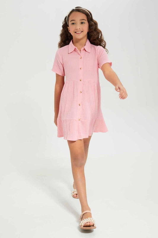 Redtag-Girls-Pink-Cotton-Viscose-Crinkle-Button-Through--Light-Pink-Category:Dresses,-Colour:Apricot,-Deals:New-In,-Dept:Girls,-Filter:Girls-(2-to-8-Yrs),-GIR-Dresses,-New-In-GIR-APL,-Non-Sale,-S23A,-Section:Girls-(0-to-14Yrs)-Girls-2 to 8 Years